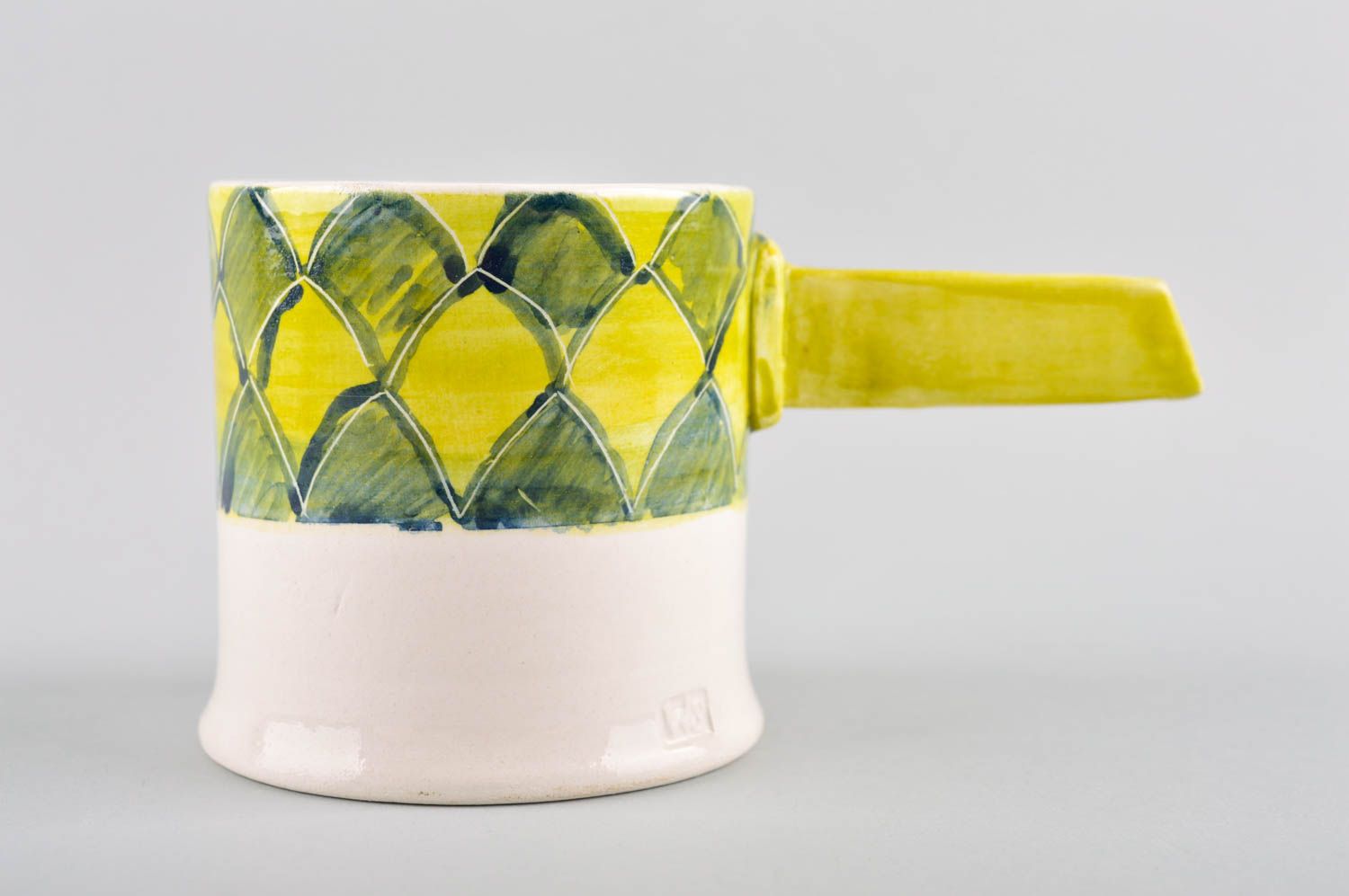 Art porcelain lime and yellow colors' handmade cup with stick shape handle photo 2