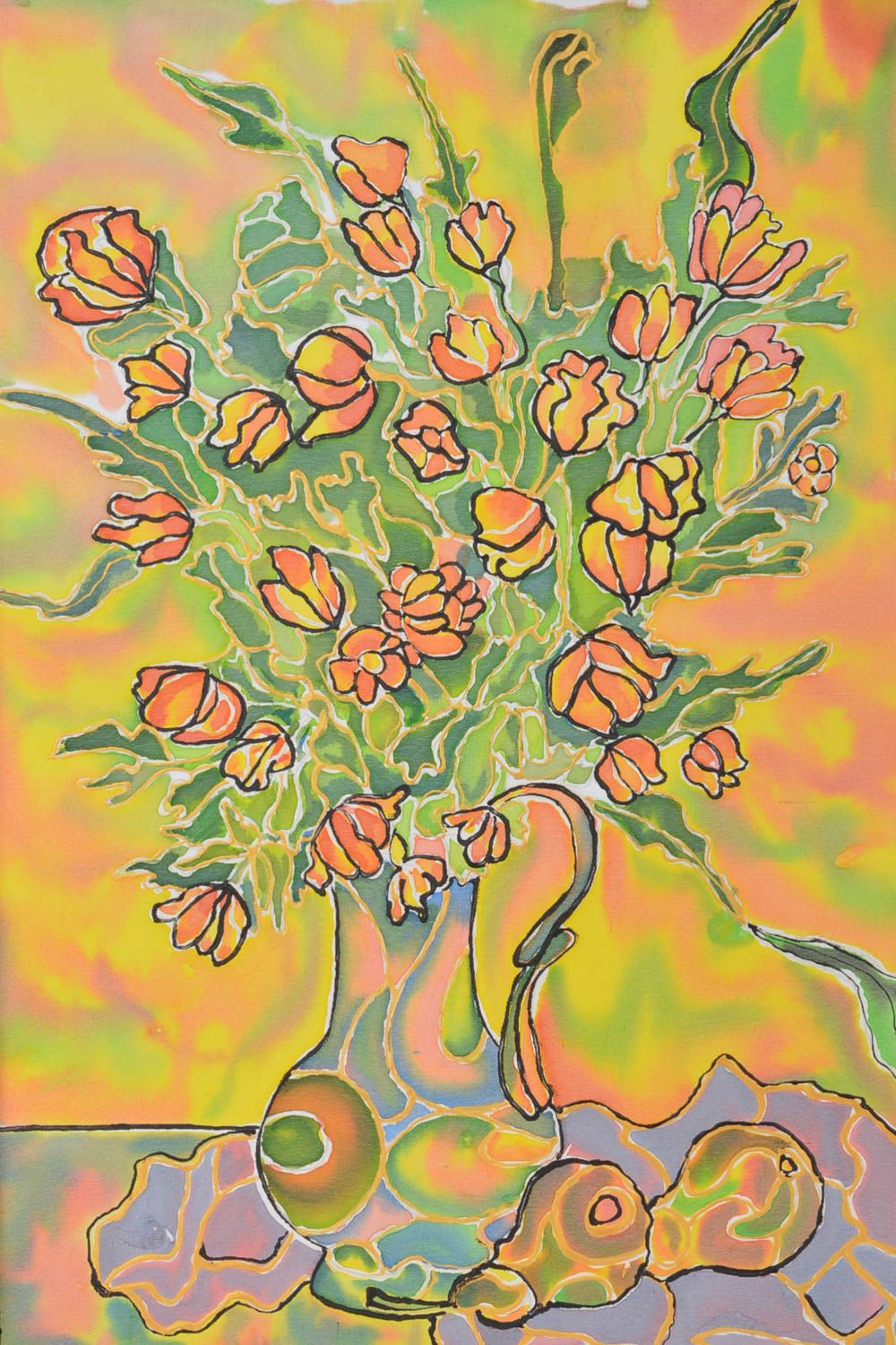 Картина в технике холодный батик тканевая ручной работы Кувшин с цветами фото 5