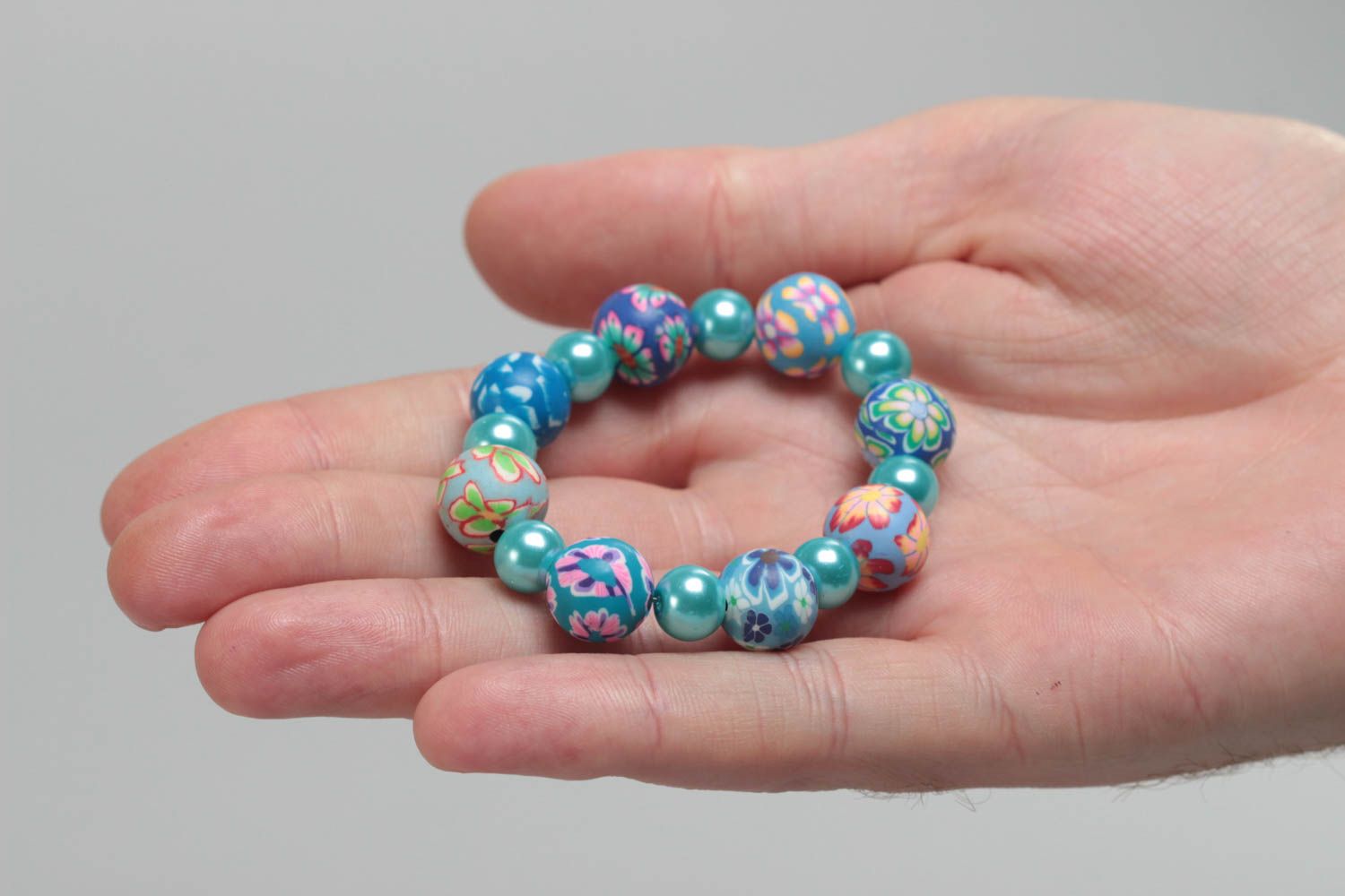 Beautiful blue handmade children's polymer clay bracelet stretchy photo 5