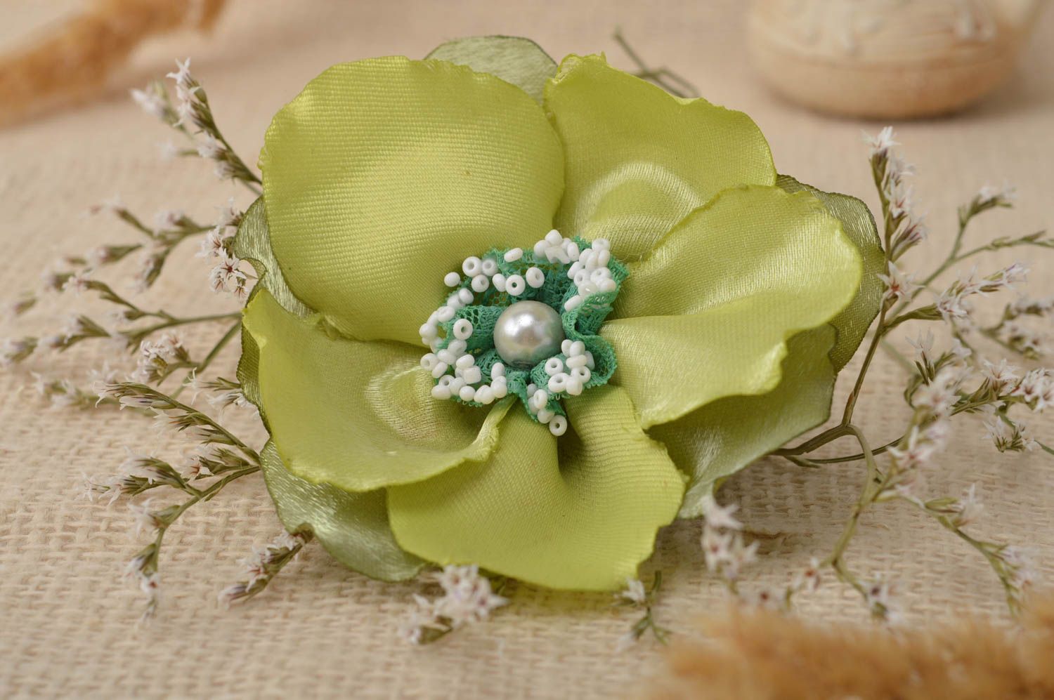 Broche fleur Pince à cheveux faite main verte en satin Accessoires femme photo 1