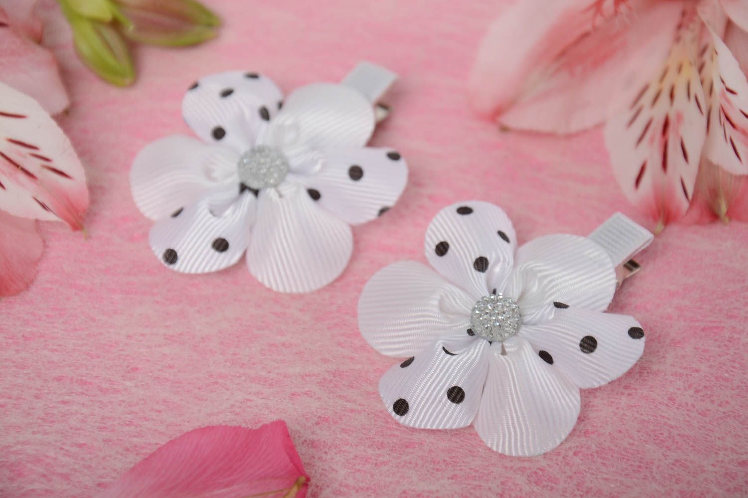 Handmade children hair clips with white polka dot ribbon flowers set of 2 items photo 1