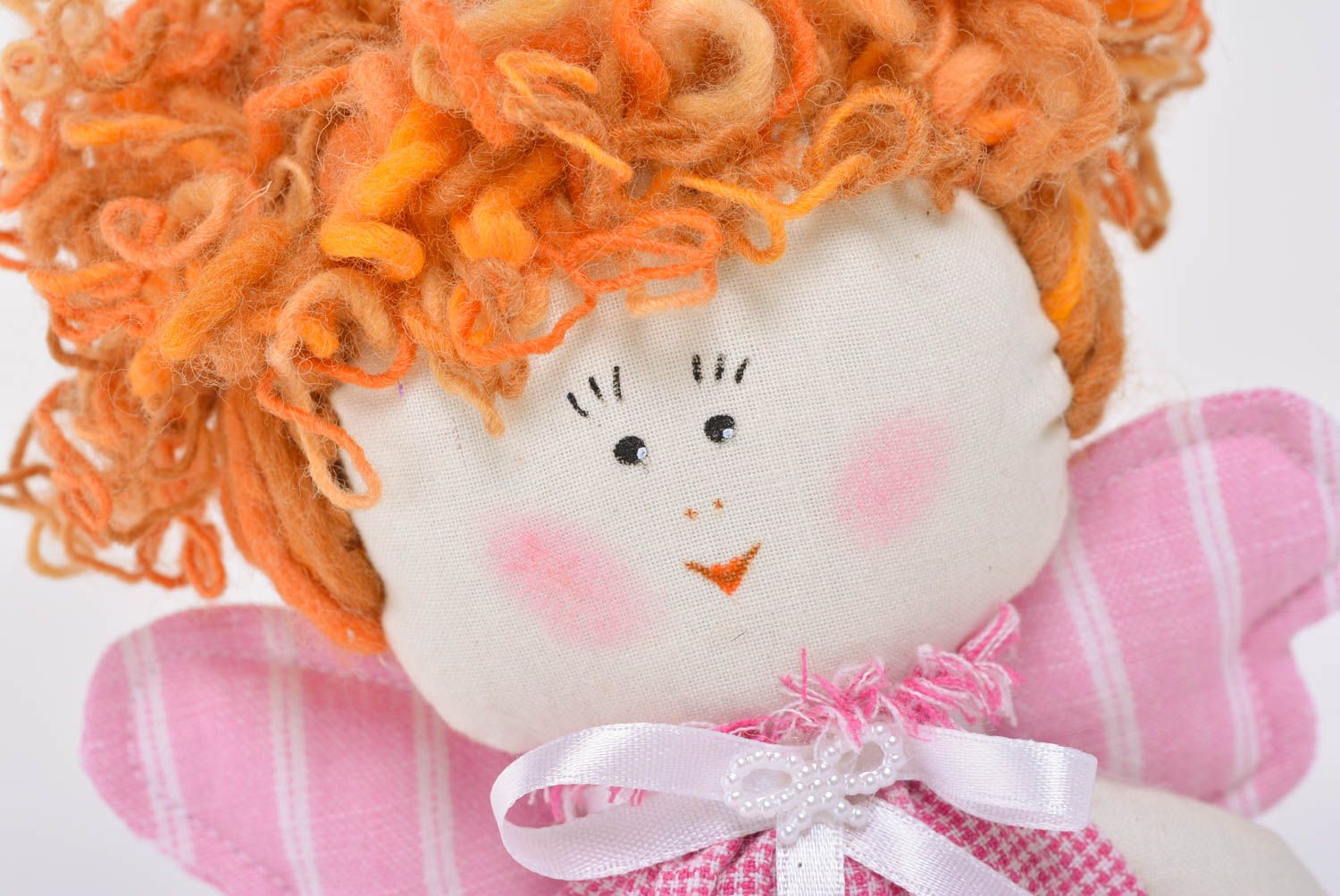 Handmade cotton fabric soft toy angel girl in pink dress with ginger hair photo 2