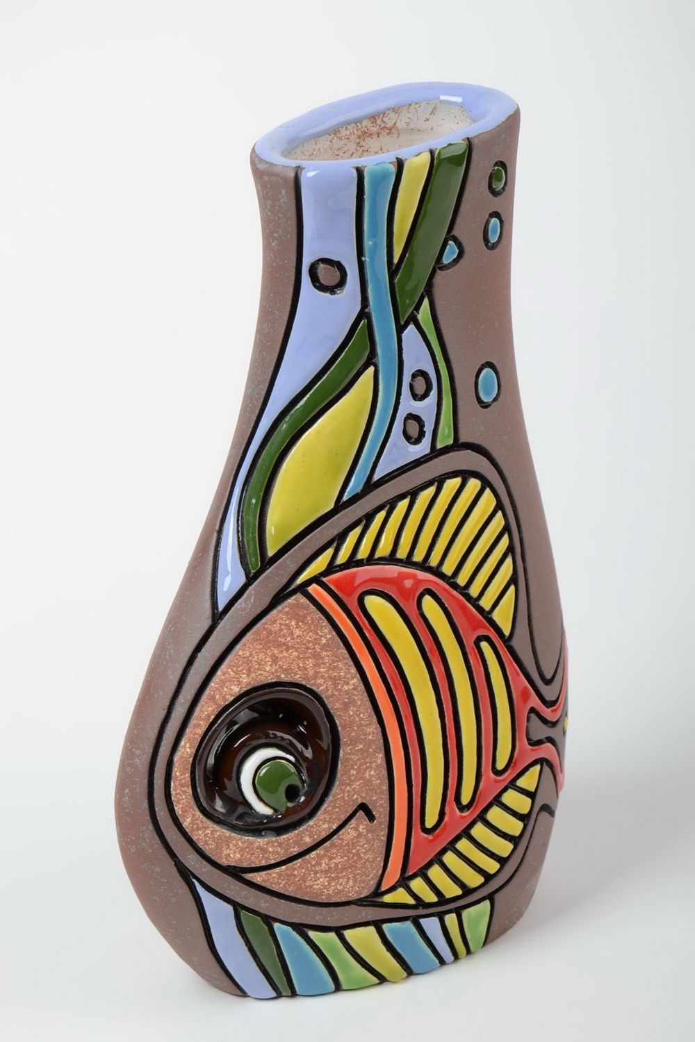 Handmade 60 oz fish picture ceramic décor vase 11 inches 2,4 lb photo 2