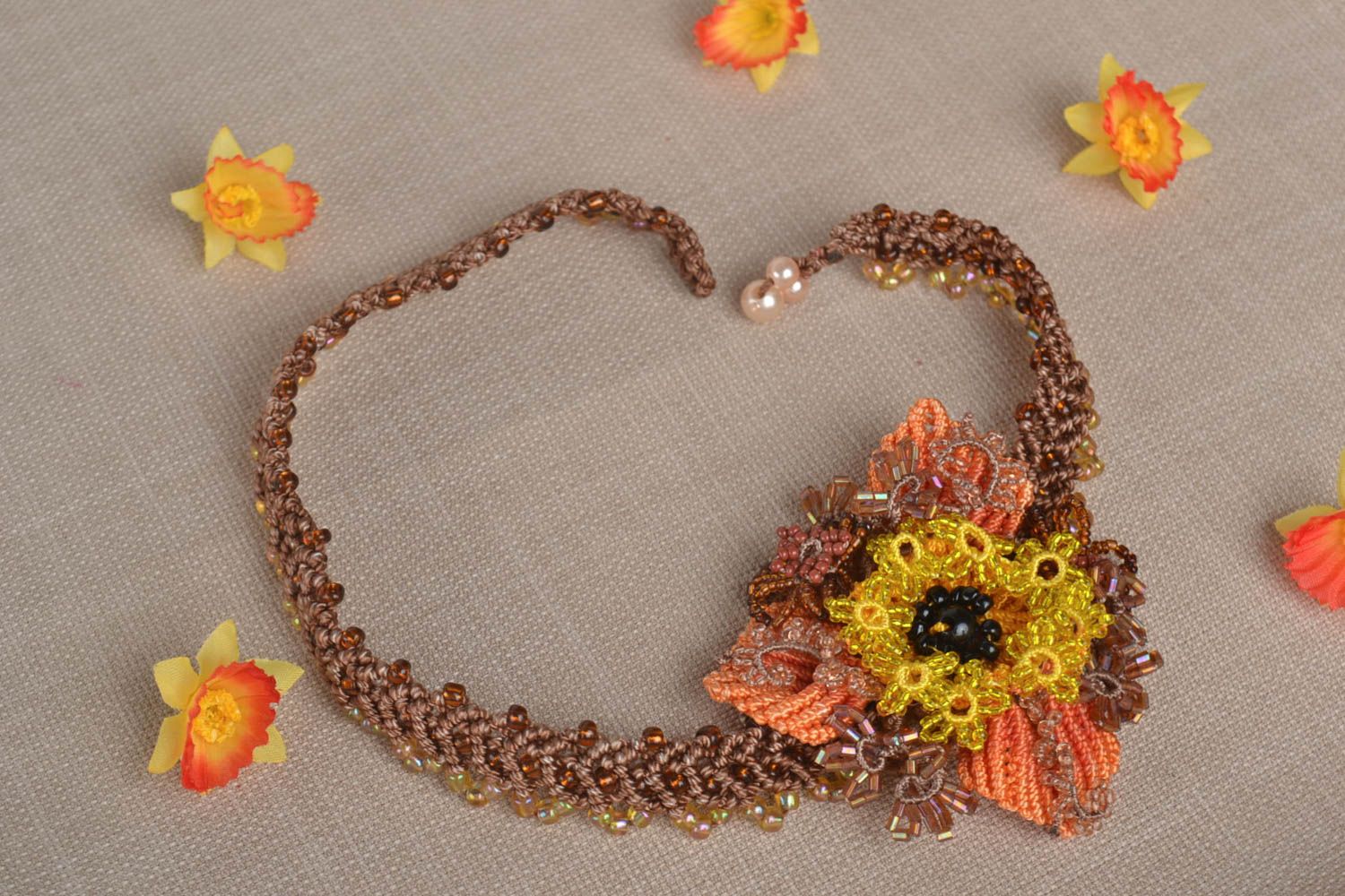 Unusual handmade woven lace necklace beaded brooch jewelry gifts for her photo 1
