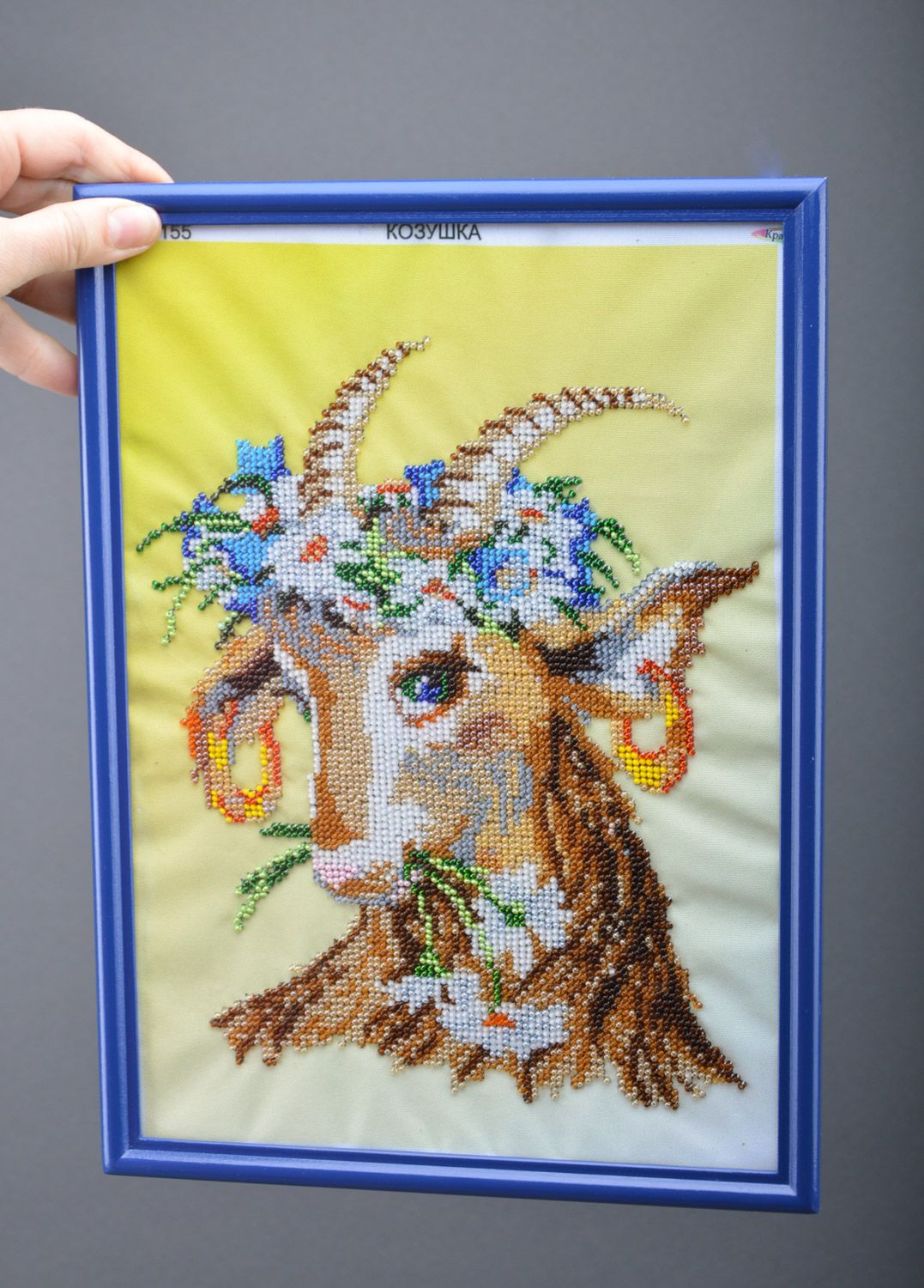 Cute handmade wall picture embroidered with beads without frame Pretty Goat photo 3
