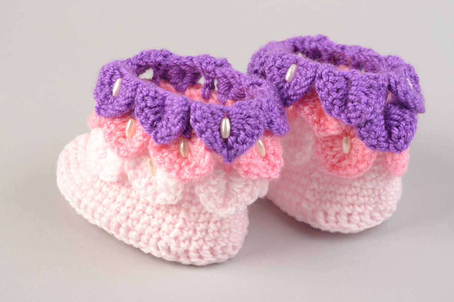 Handmade baby girl festive pink and violet shoes crocheted of acrylic threads photo 5