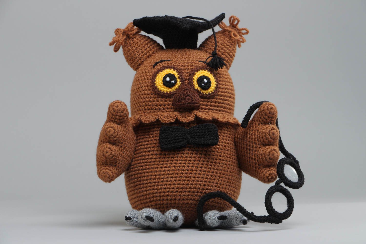 Handmade brown soft toy crocheted of acrylic threads Wise Owl photo 4