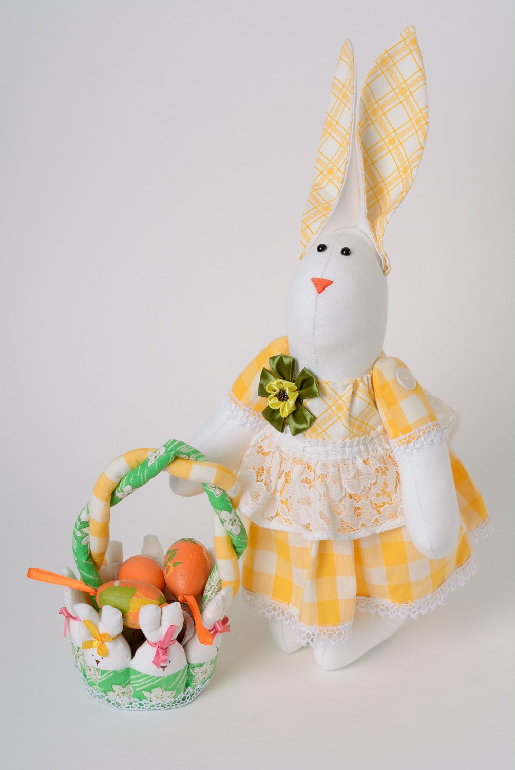 Handmade collectible fabric soft toy Easter rabbit with long ears photo 1