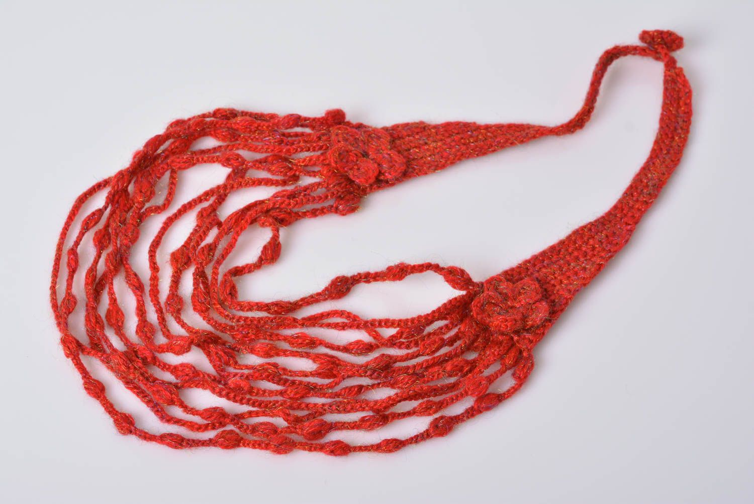 Handmade designer bright red crocheted semi woolen multi row bead necklace photo 3