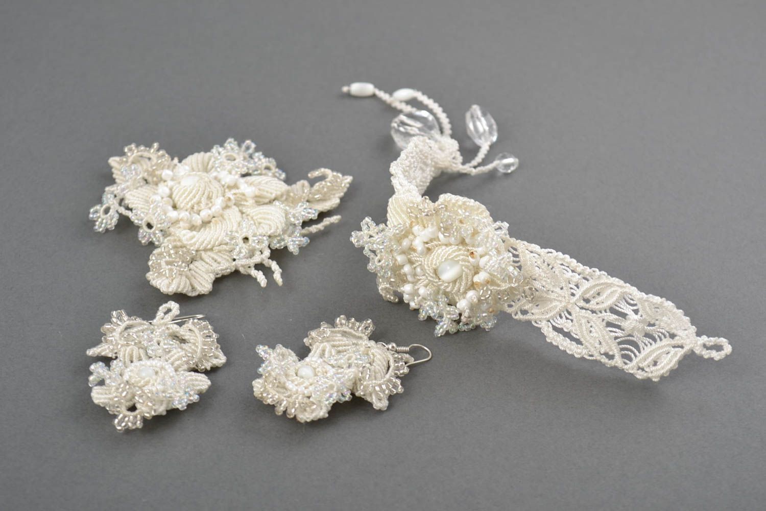 Handmade jewelry set woven earrings lace bracelet brooch jewelry beadwork ideas photo 4
