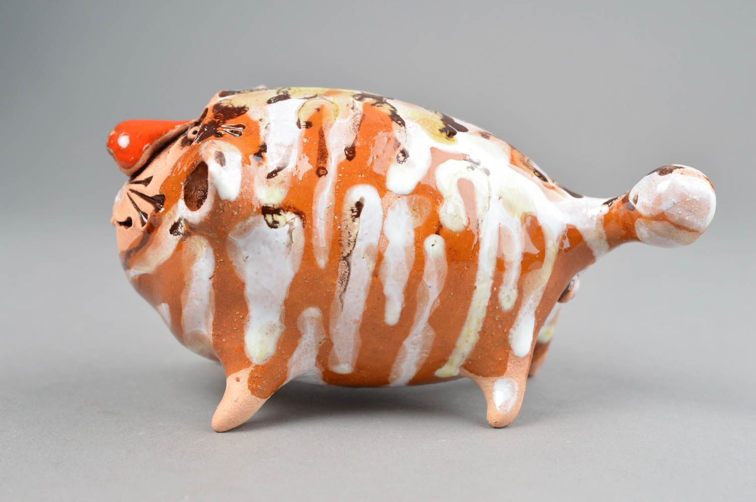 Figurine céramique peinte de glaçure colorée faite main Gros chat rayé photo 2