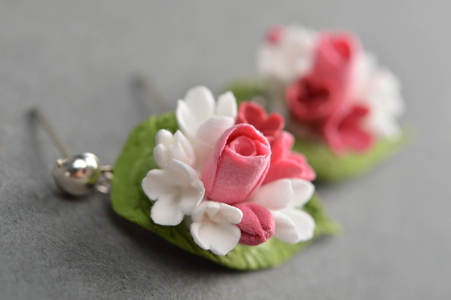 Handmade earrings made of polymer clay leaves with flowers summer accessory photo 4