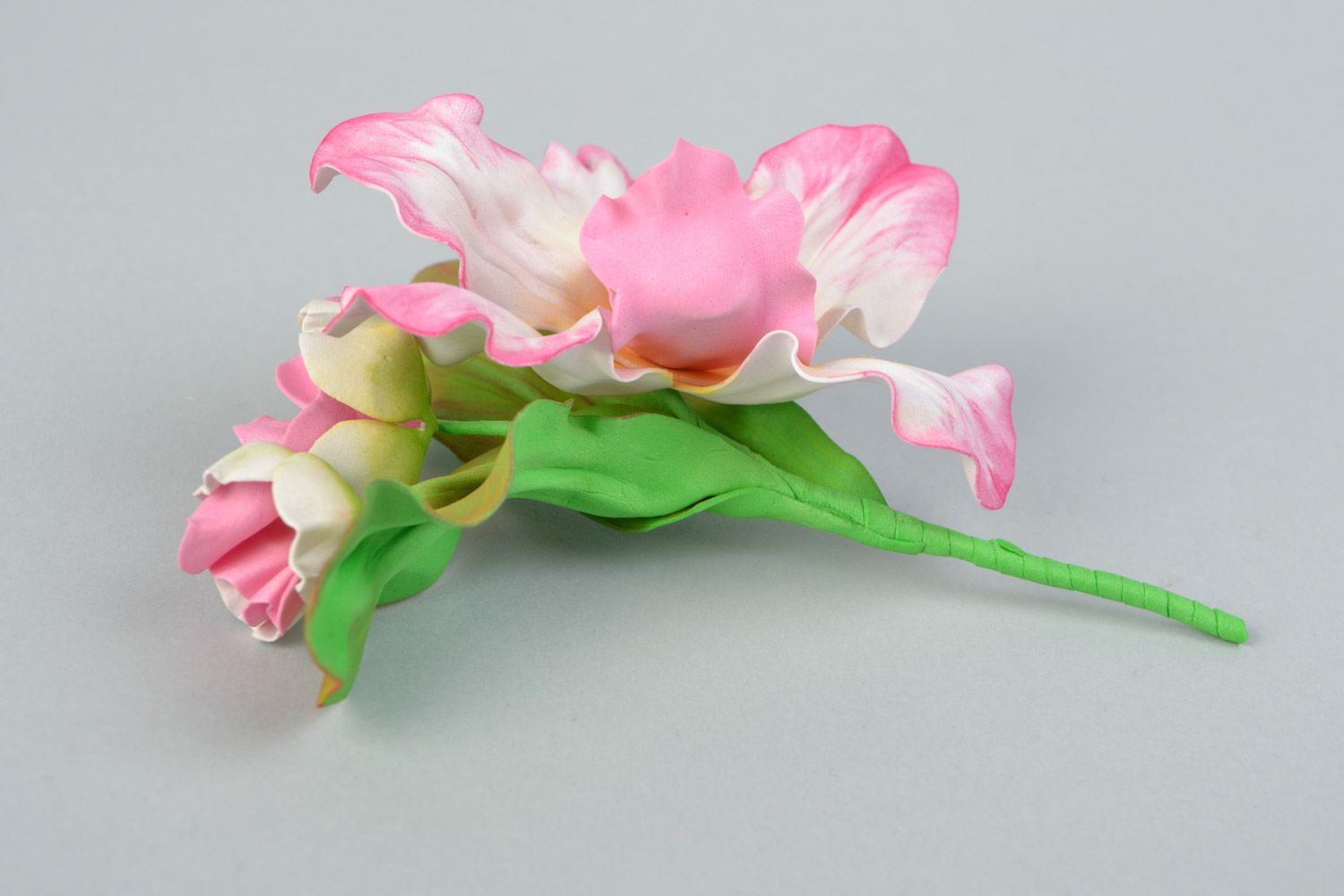 Handmade brooch with volume plastic suede orchid flower for jacket or blouse photo 5
