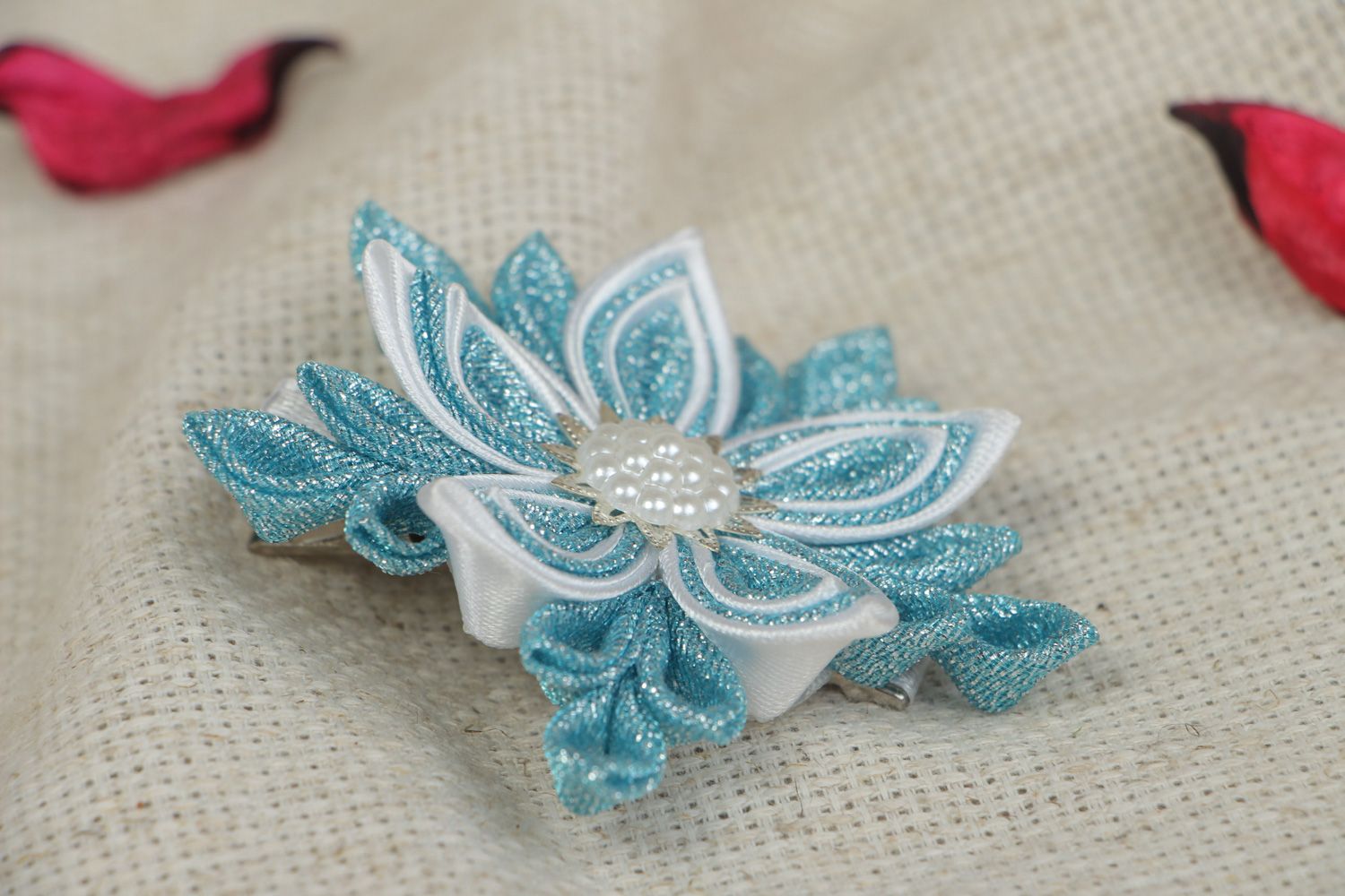 Handmade hair clip with kanzashi flower made of gold cloth and satin in blue color photo 5
