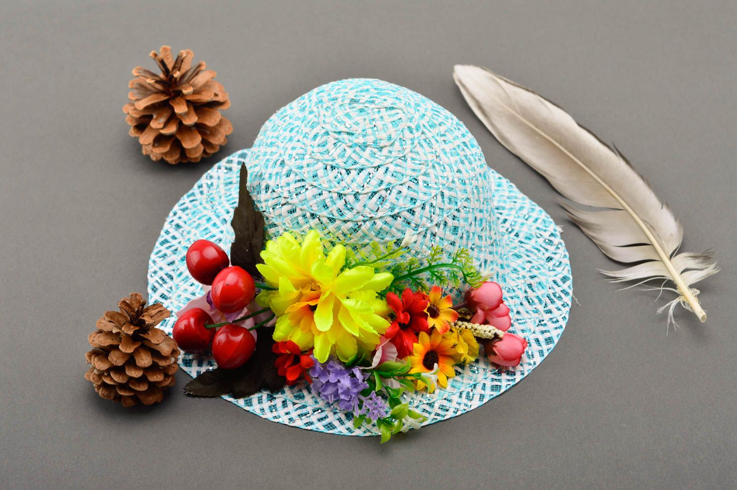 Handmade Sommer Hut Damen Accessoire Geschenk für Frauen blau mit Blumen schön foto 1