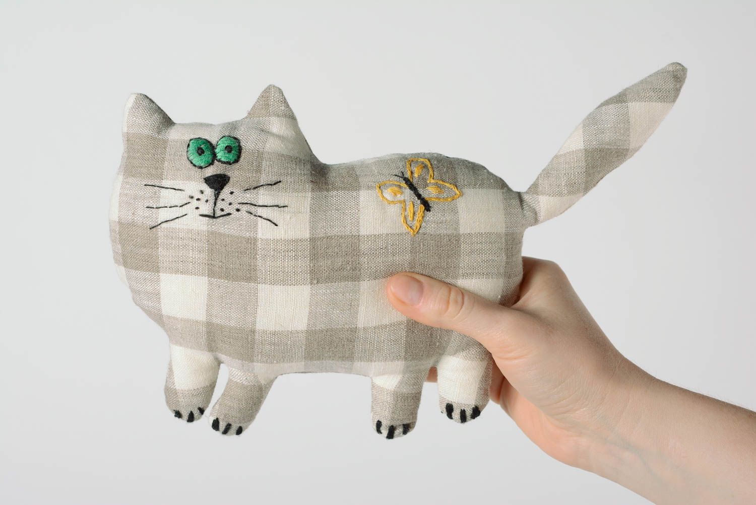 Handmade funny soft toy sewn of checkered linen fabric with embroidery Cat photo 4