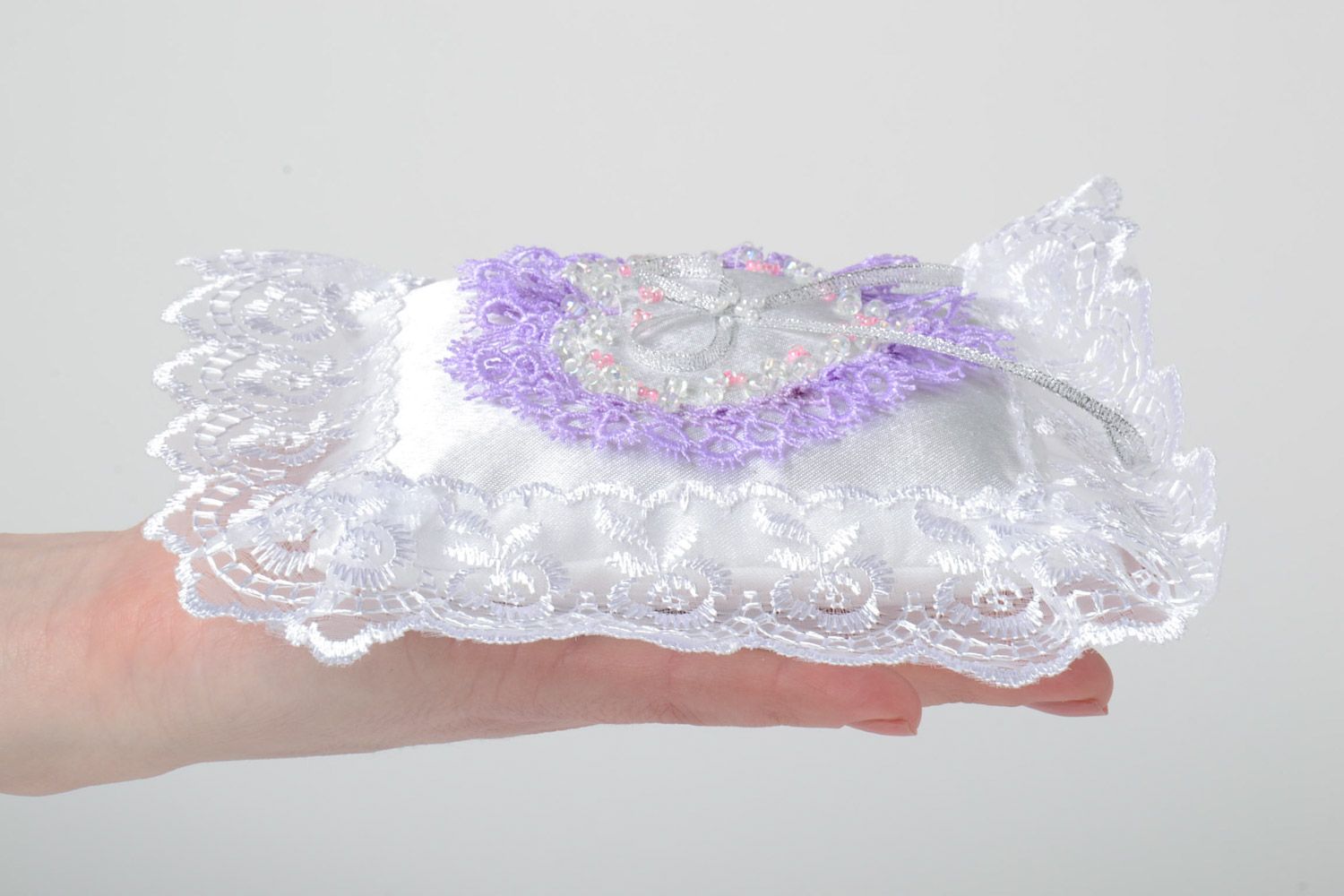 Handmade white satin rings bearer pillow with lace violet heart and beads photo 5