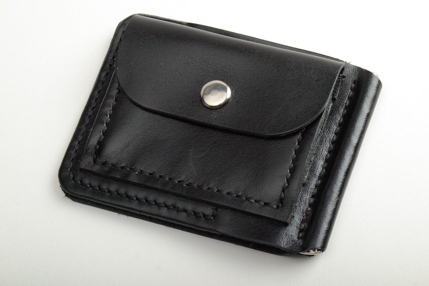 Handmade black leather money clip card holder with embossing and metal fittings photo 4