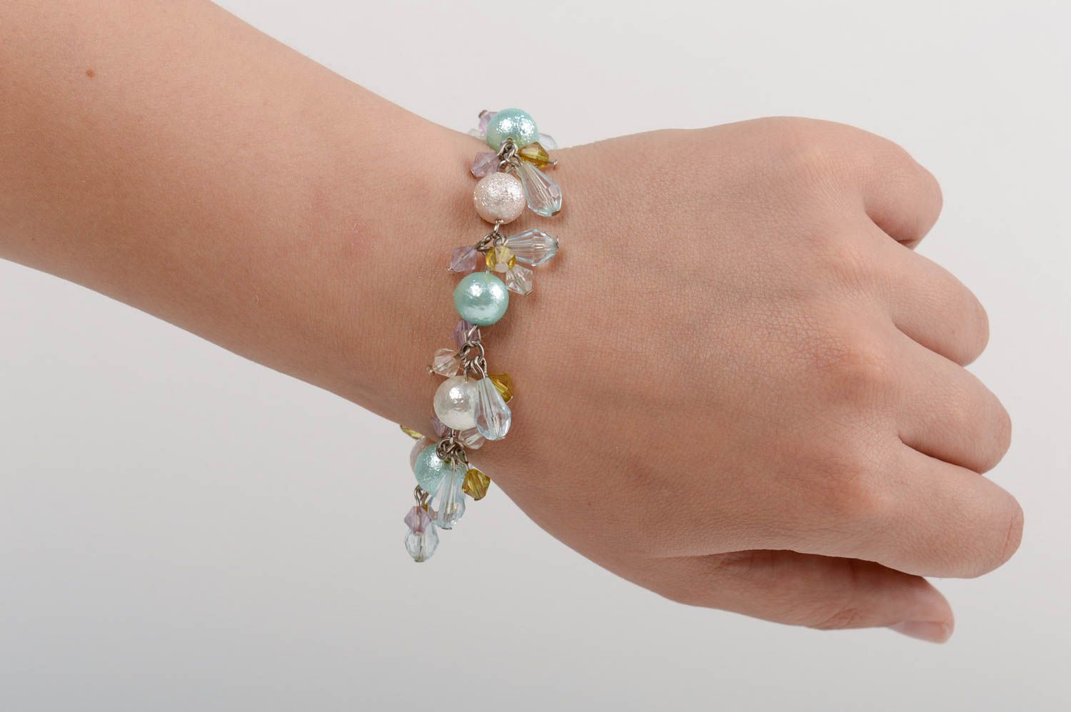 Handmade designer wrist bracelet with ceramic pearls and Czech crystal charms photo 5