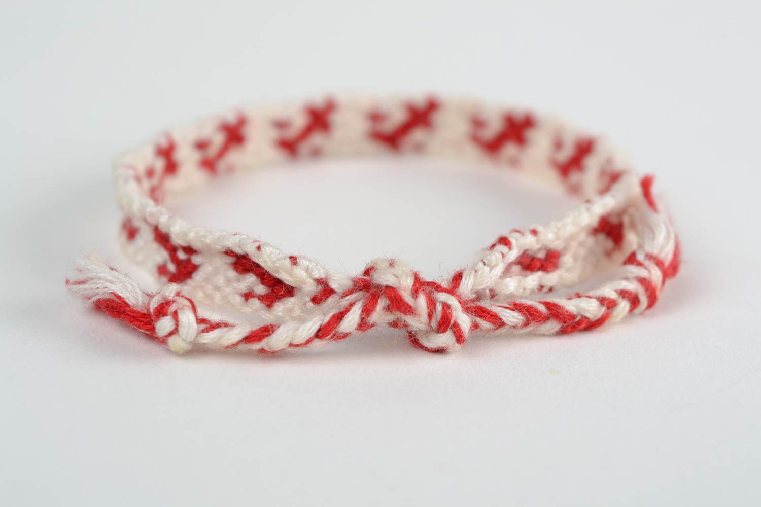Handmade thin white and red friendship wrist bracelet woven of threads for girls photo 4