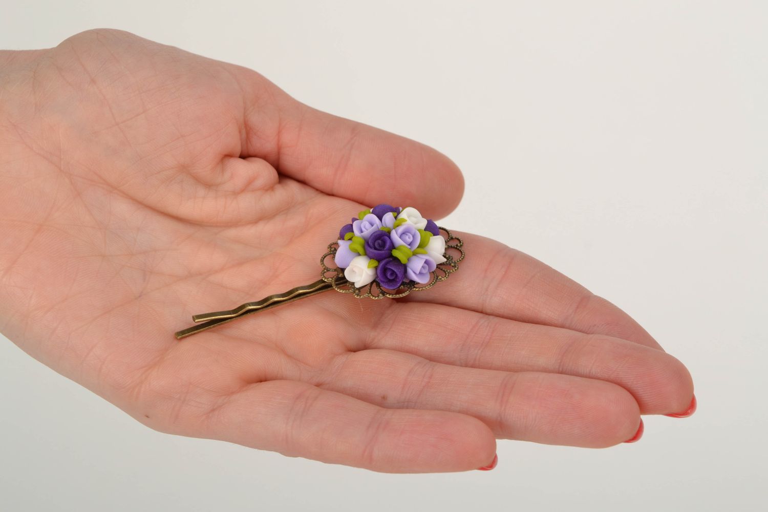 Barrette faite main originale accessoire pince à cheveux Roses violettes photo 2