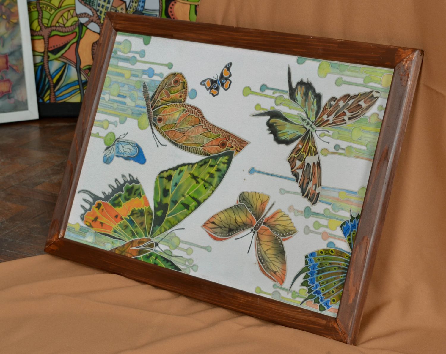 Картина в технике батик на ткани ручной работы Бабочки фото 5