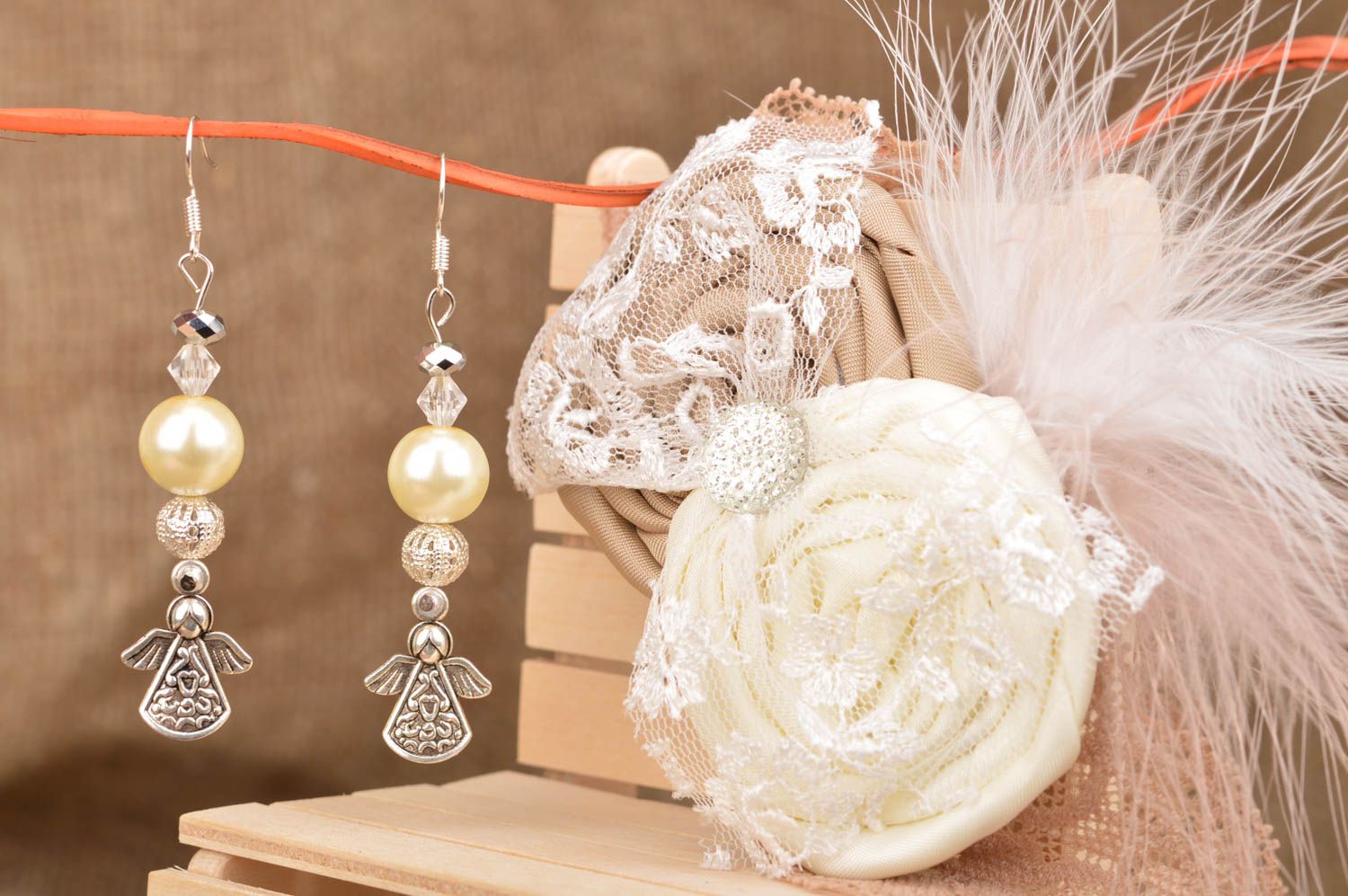 Festive stylish handmade beautiful set of jewelry headband and earrings photo 1