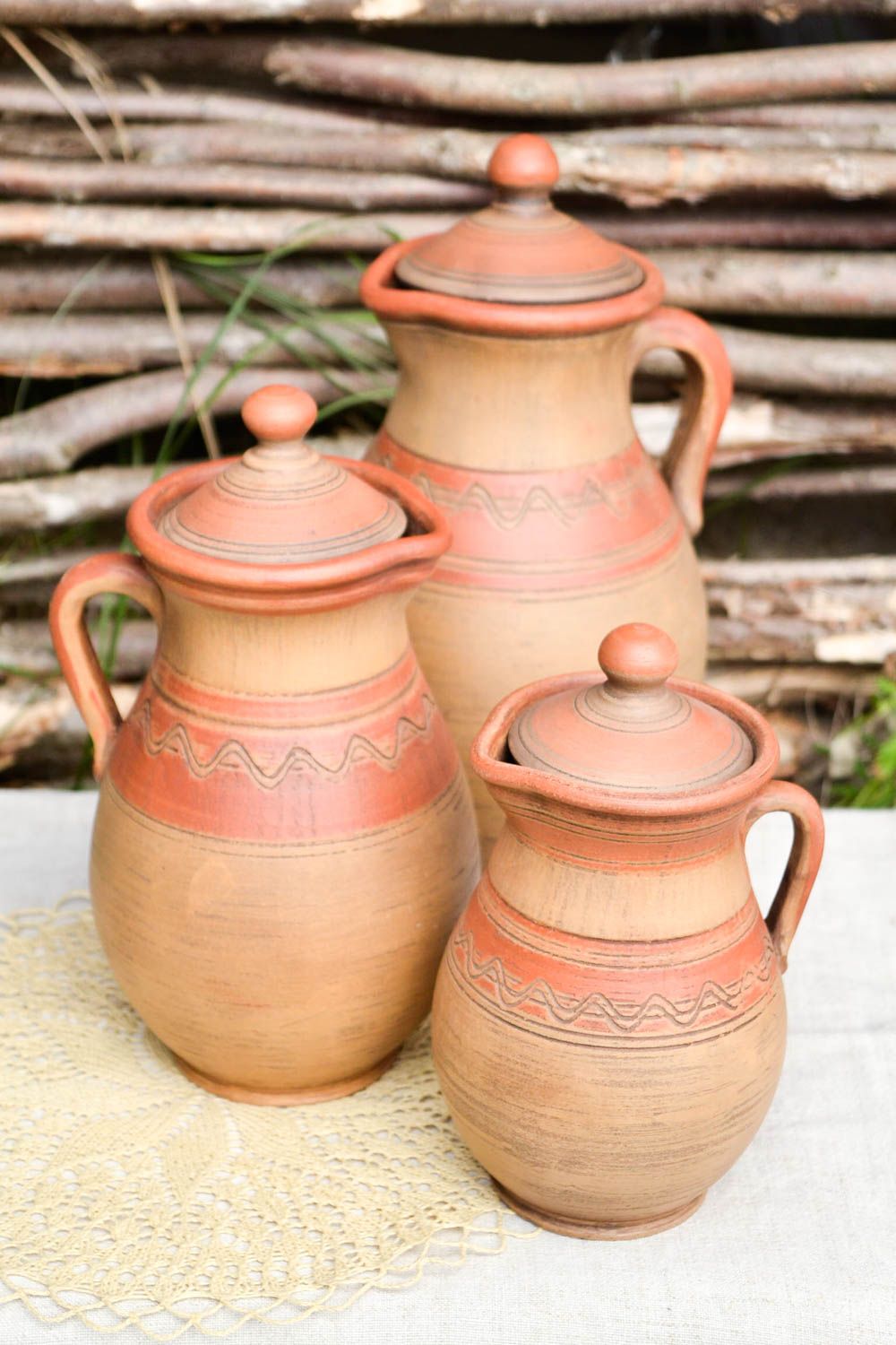 Set of light brown ceramic 30 oz, 45 oz, 60 oz jugs handmade pottery for home décor photo 1