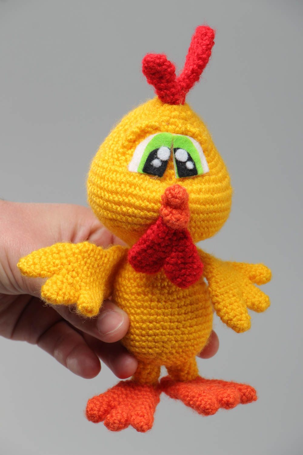 Handmade soft toy crocheted of acrylic threads in the shape of yellow chicken photo 5