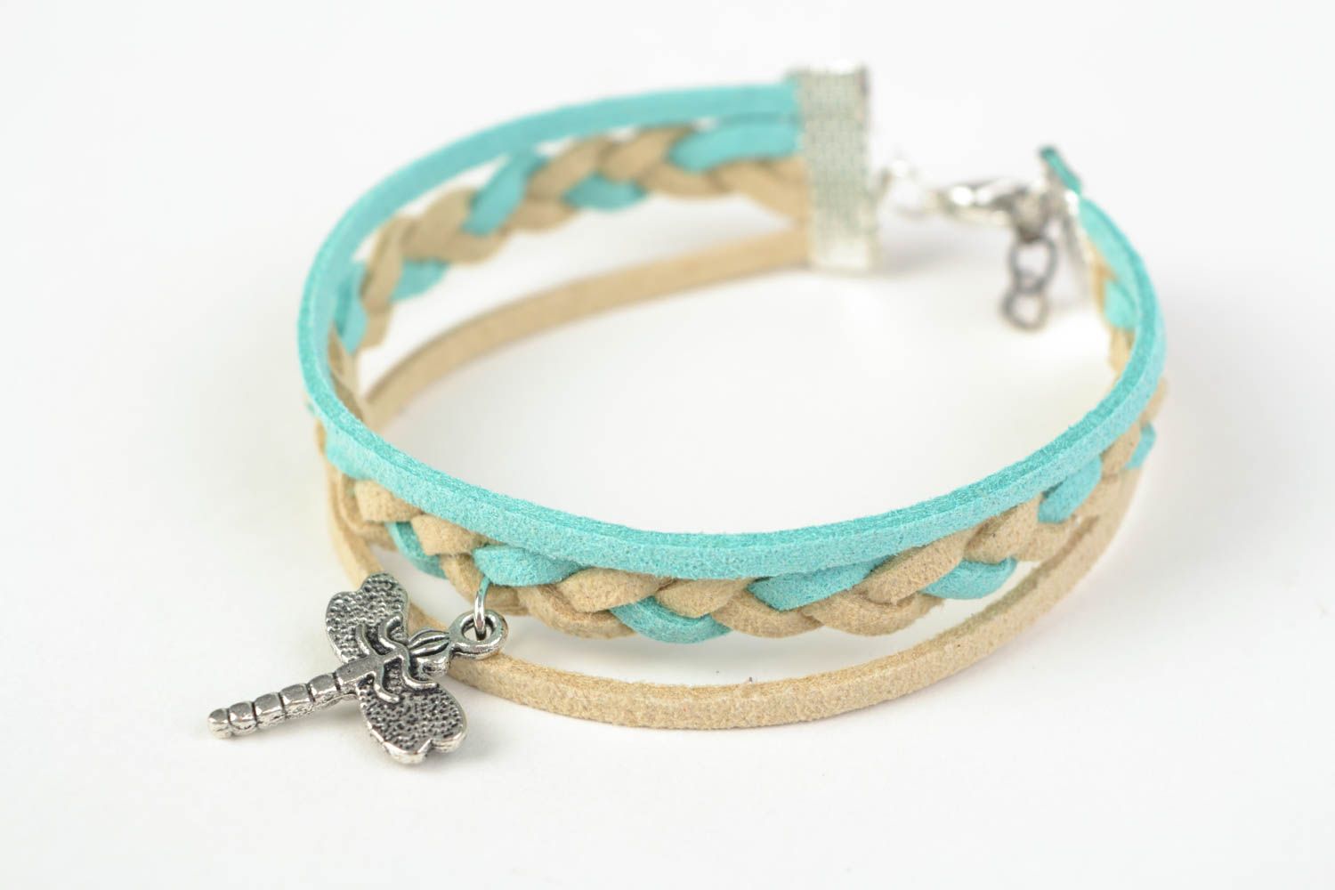 Beautiful stylish light handmade woven suede cord bracelet with charm photo 3