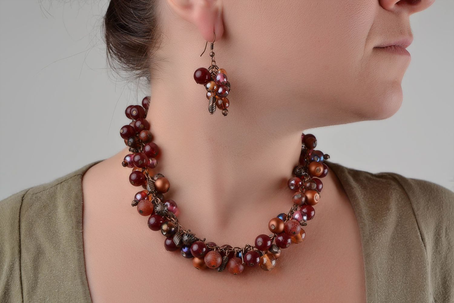 Handmade brown natural stone and glass beaded jewelry set necklace and earrings photo 2
