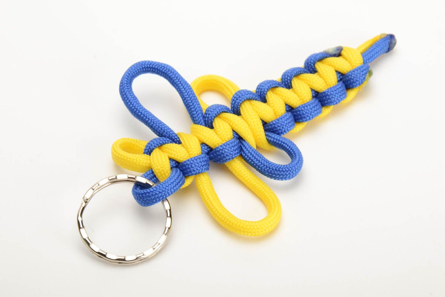 Blue and yellow handmade keychain woven of American paracord photo 2