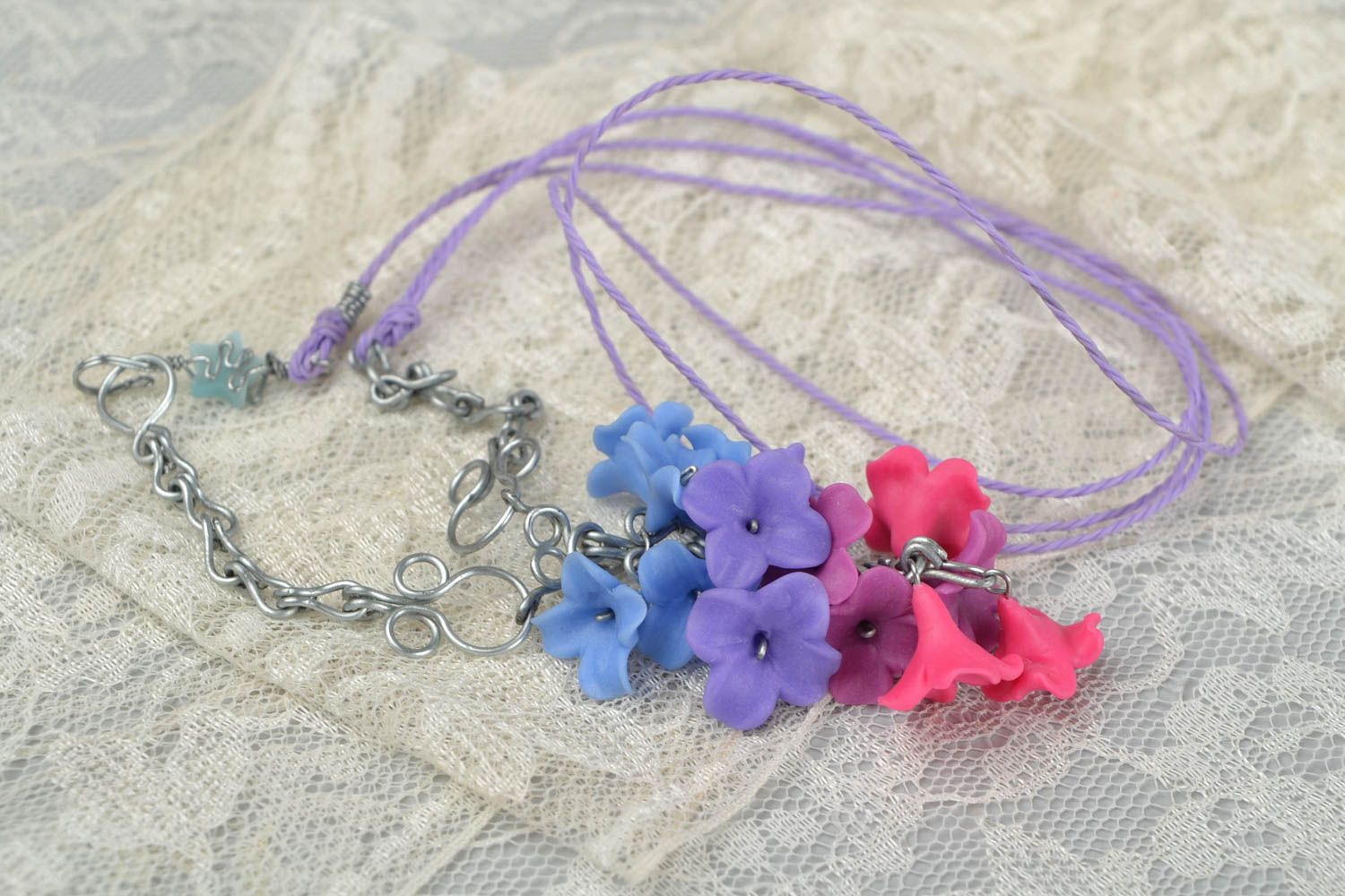 Beautiful bright homemade designer polymer clay flower pendant on cords Lilac photo 1