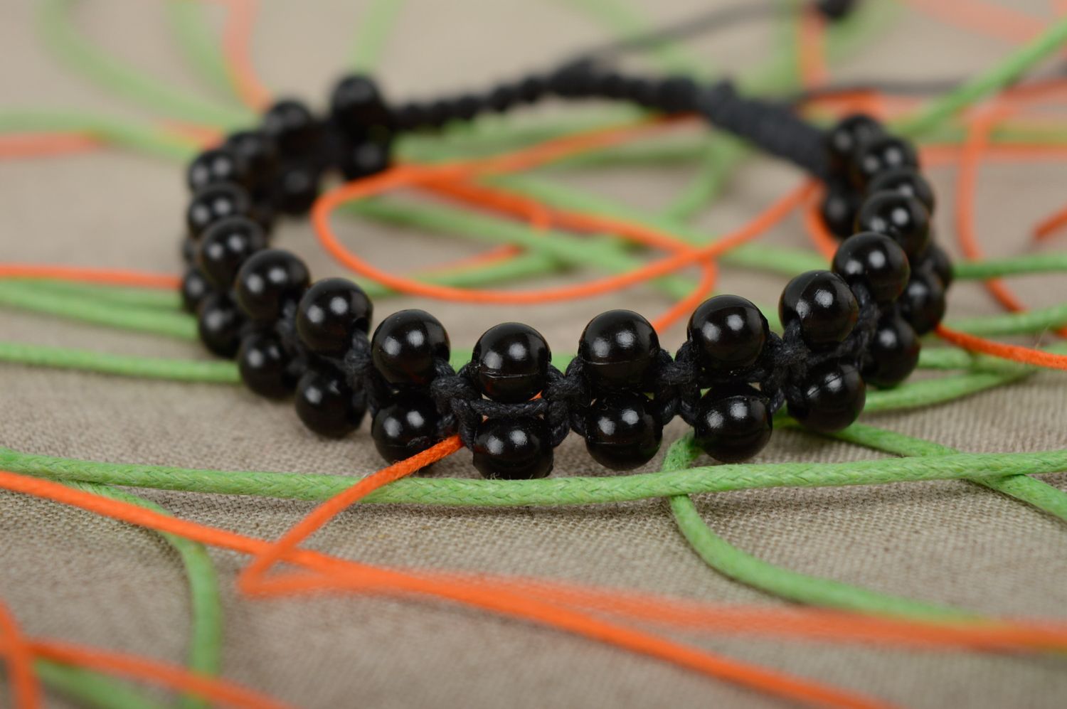 Black macrame bracelet with ceramic beads photo 2