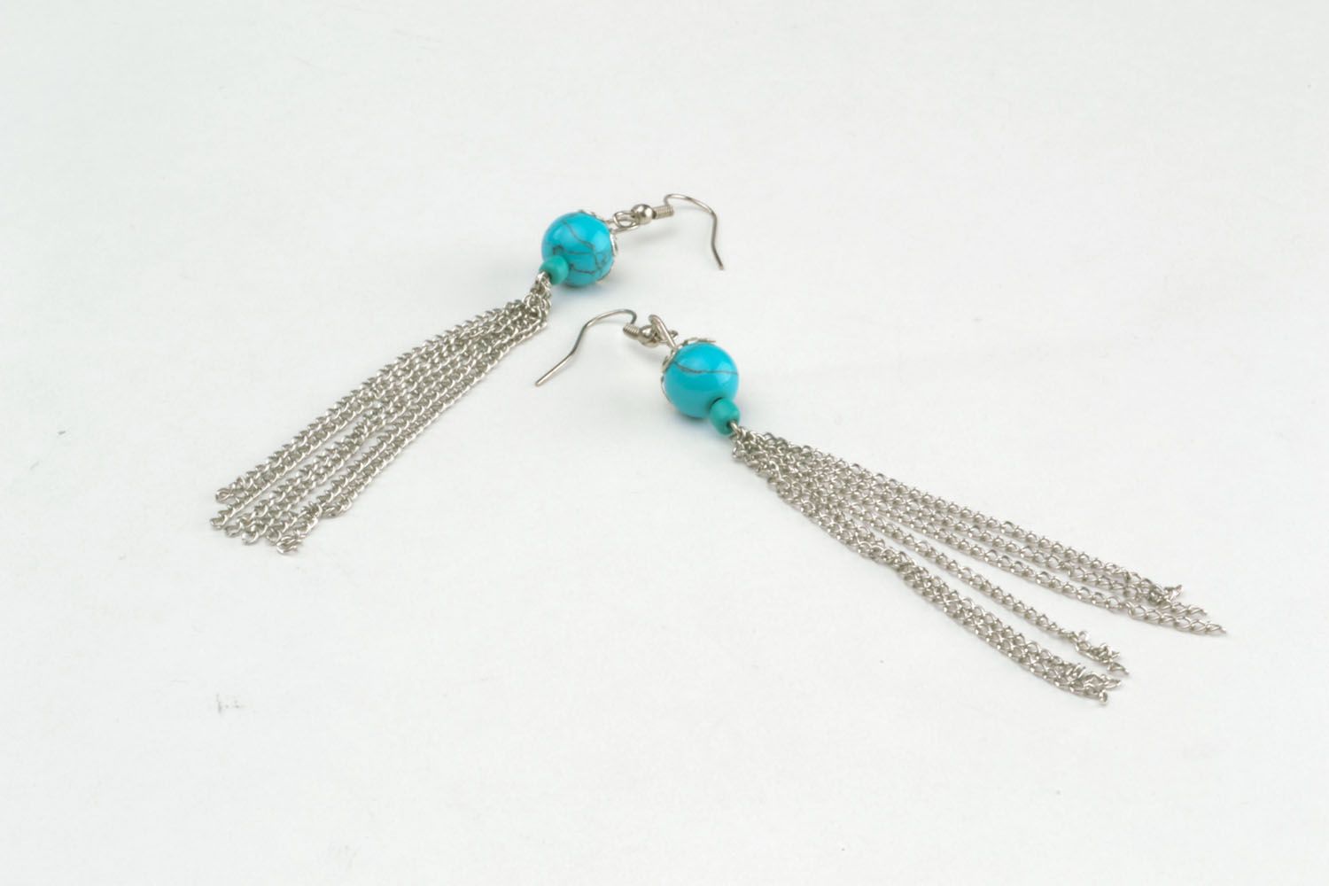 Long earrings with turquoise color beads photo 3