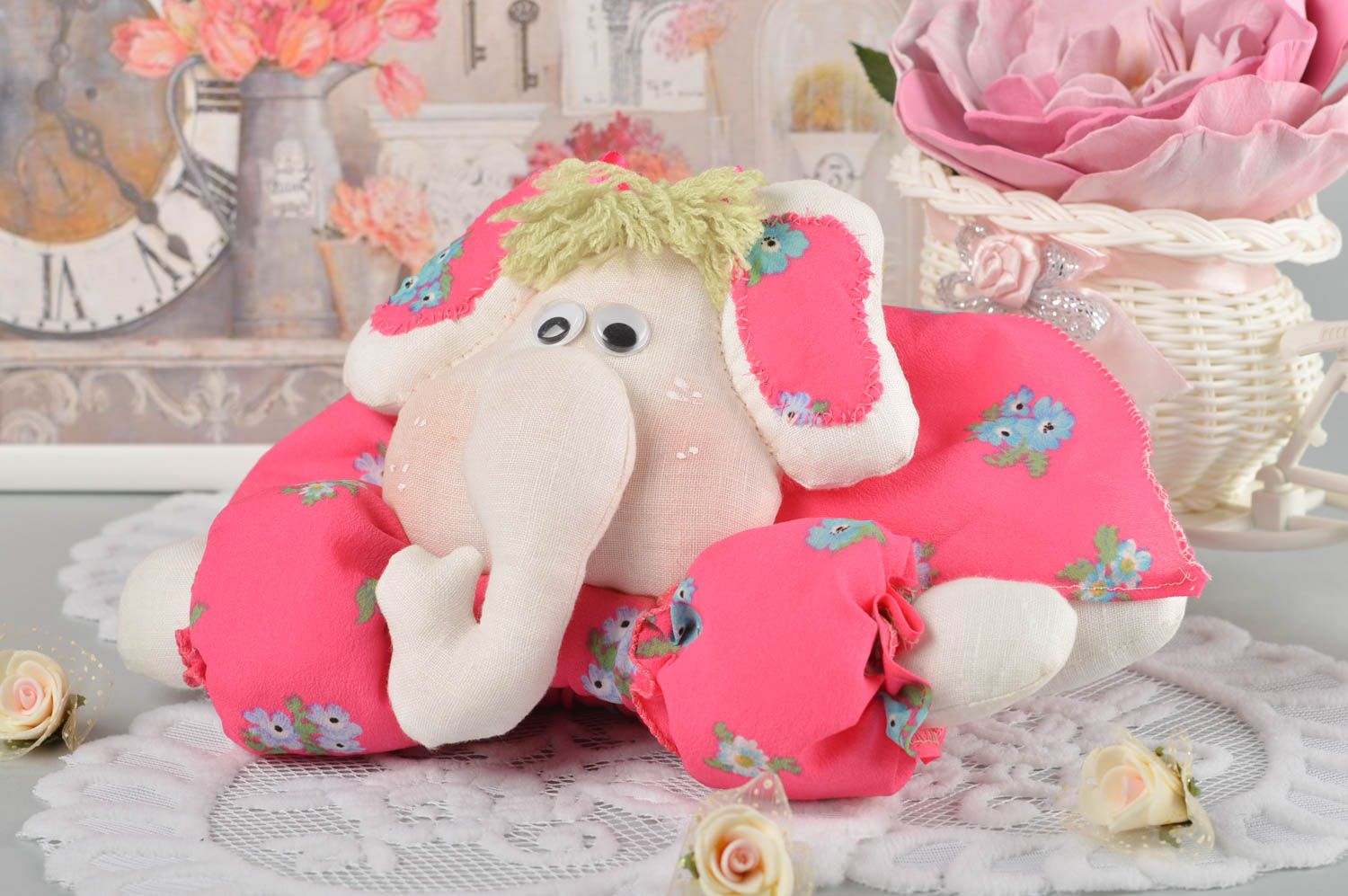 Juguete artesanal rosado muñeco de peluche regalo original para niño Elefante foto 1
