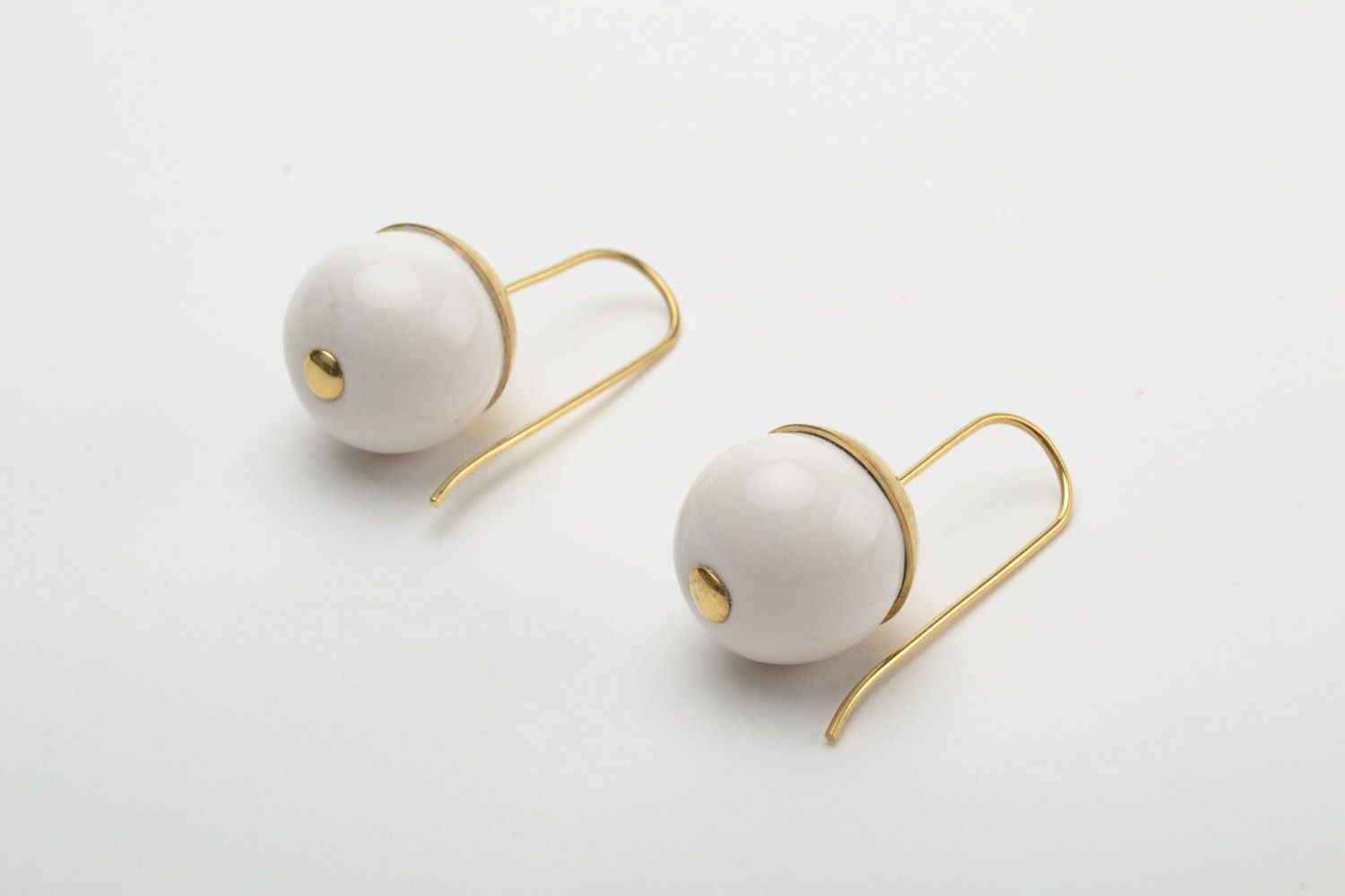 Handmade designer elegant latten dangling earrings with white ceramic beads  photo 3