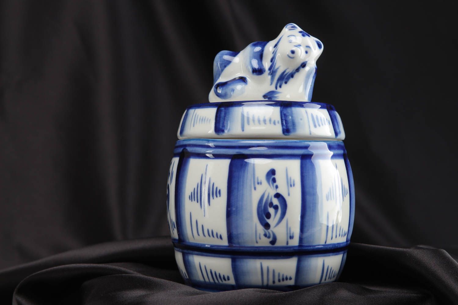 Petit pot à miel en céramique blanc et bleu peinture Gjel Ours sur couvercle photo 5