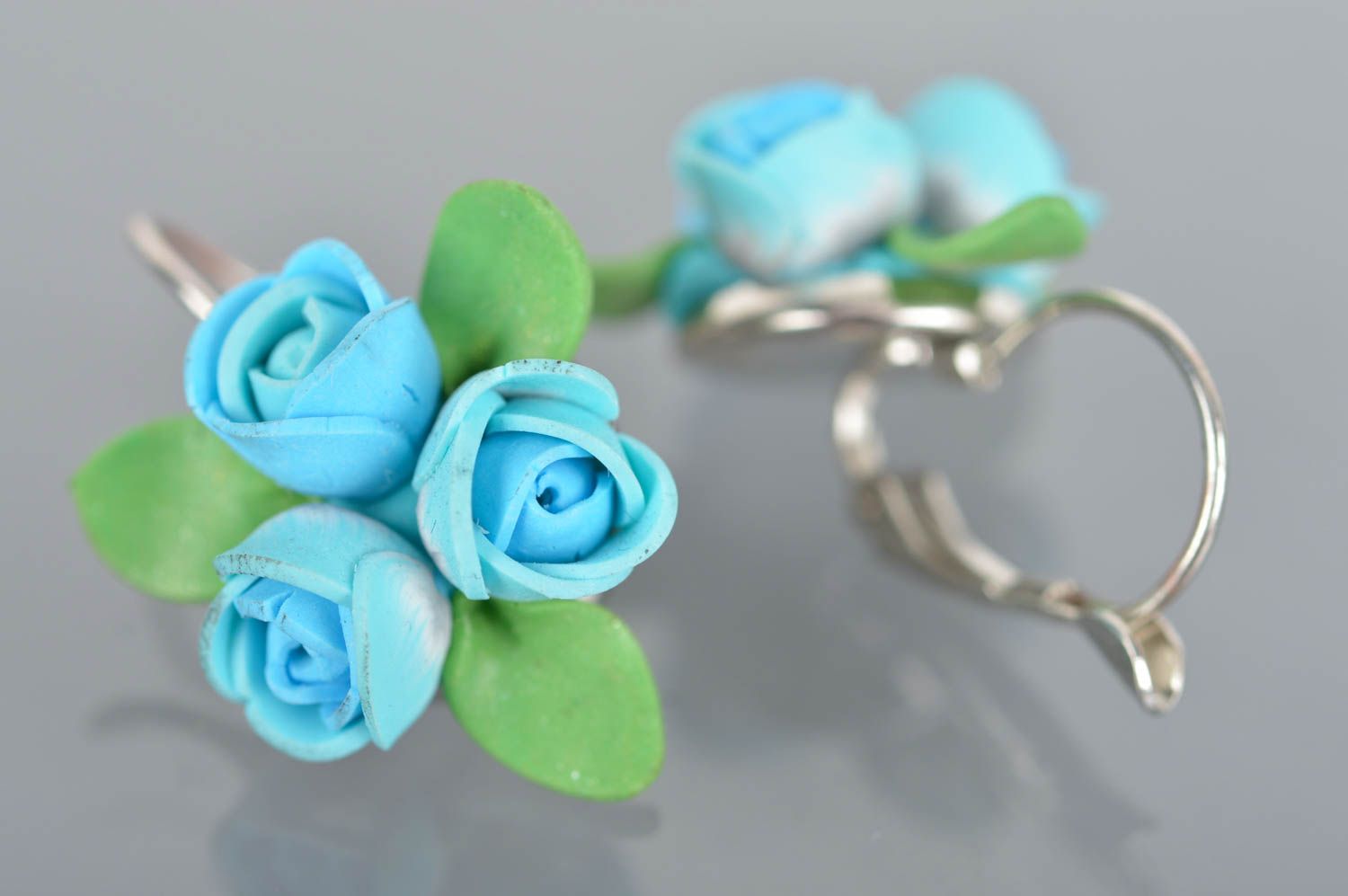 Handmade blue flower stylish earrings made of polymer clay with clasps  photo 4