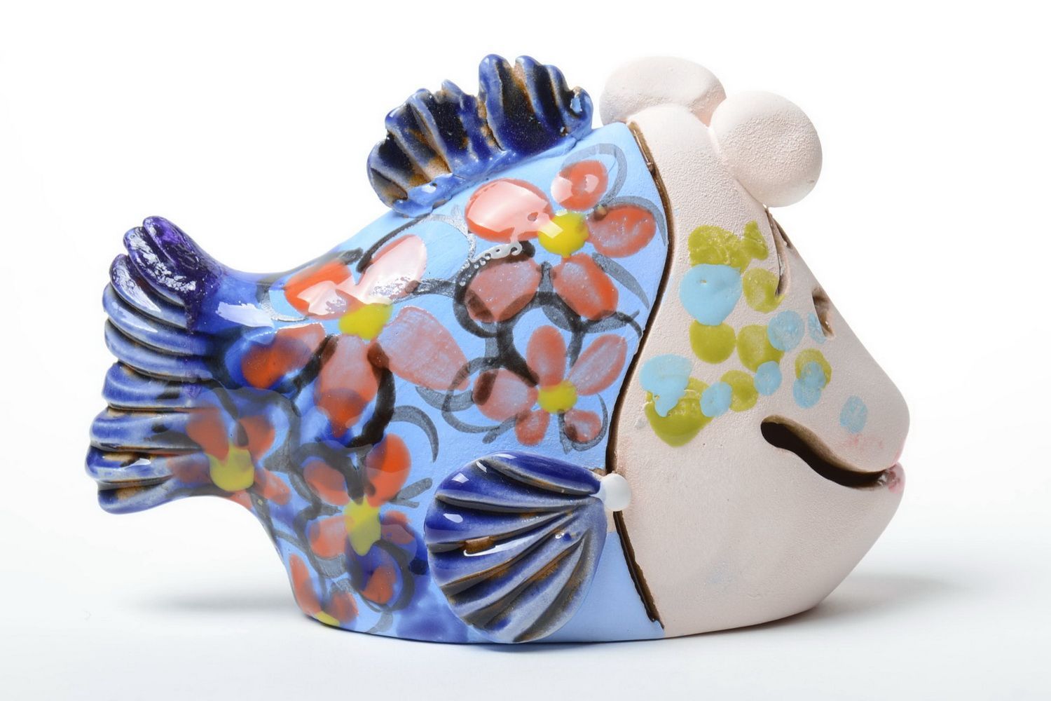 Beautiful handmade semi porcelain money box painted with pigments funny Fish photo 3