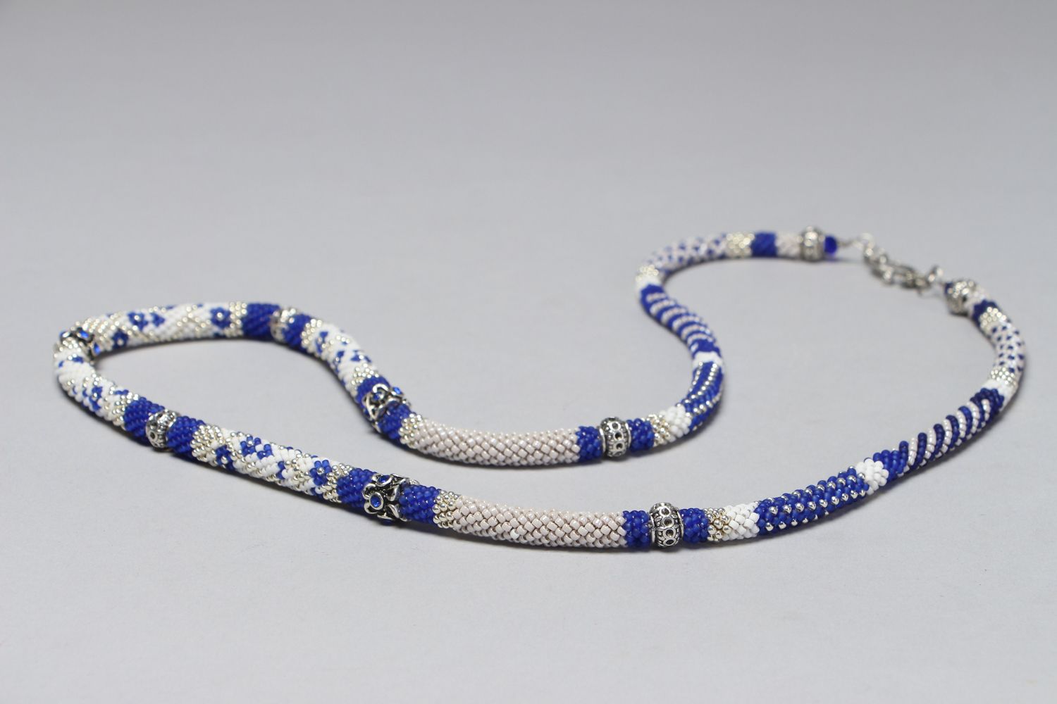 Handmade Japanese beaded cord necklace Blue Flowers photo 3