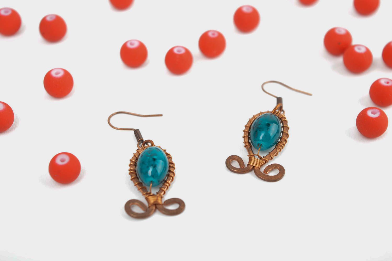 Handmade jewelry copper earrings with beads wire wrap copper earrings water photo 1