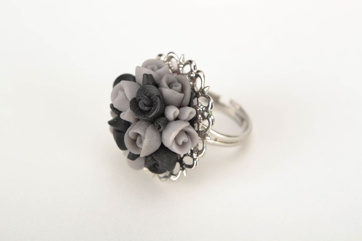 Polymer clay ring with gray roses photo 3