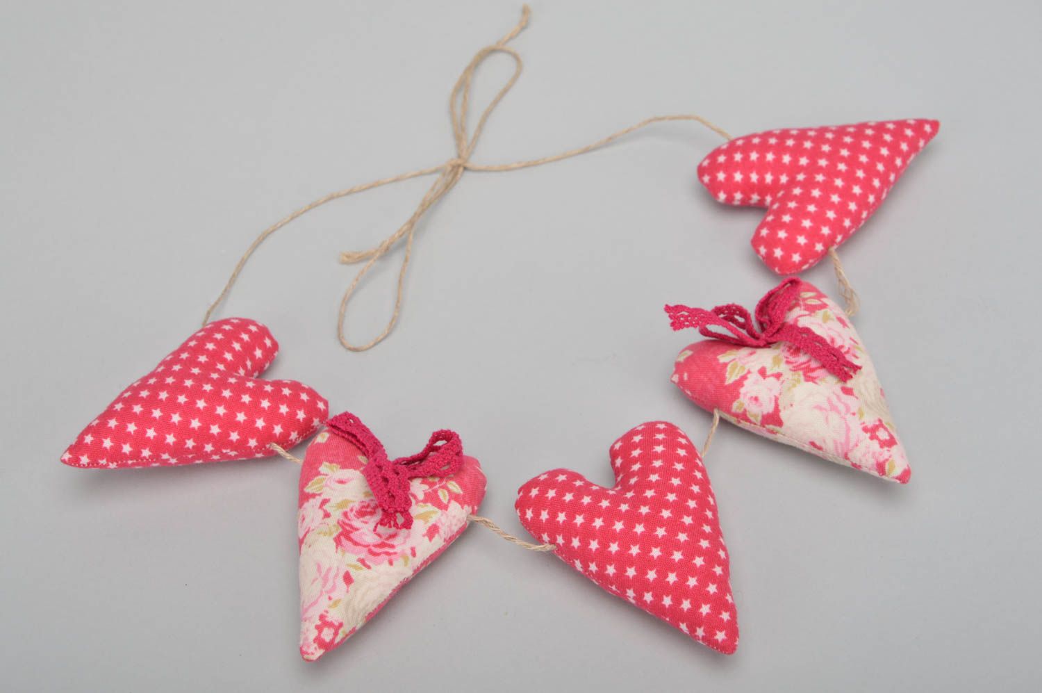 Set of 5 handmade fabric soft hearts interior hanging garland for home decor photo 4