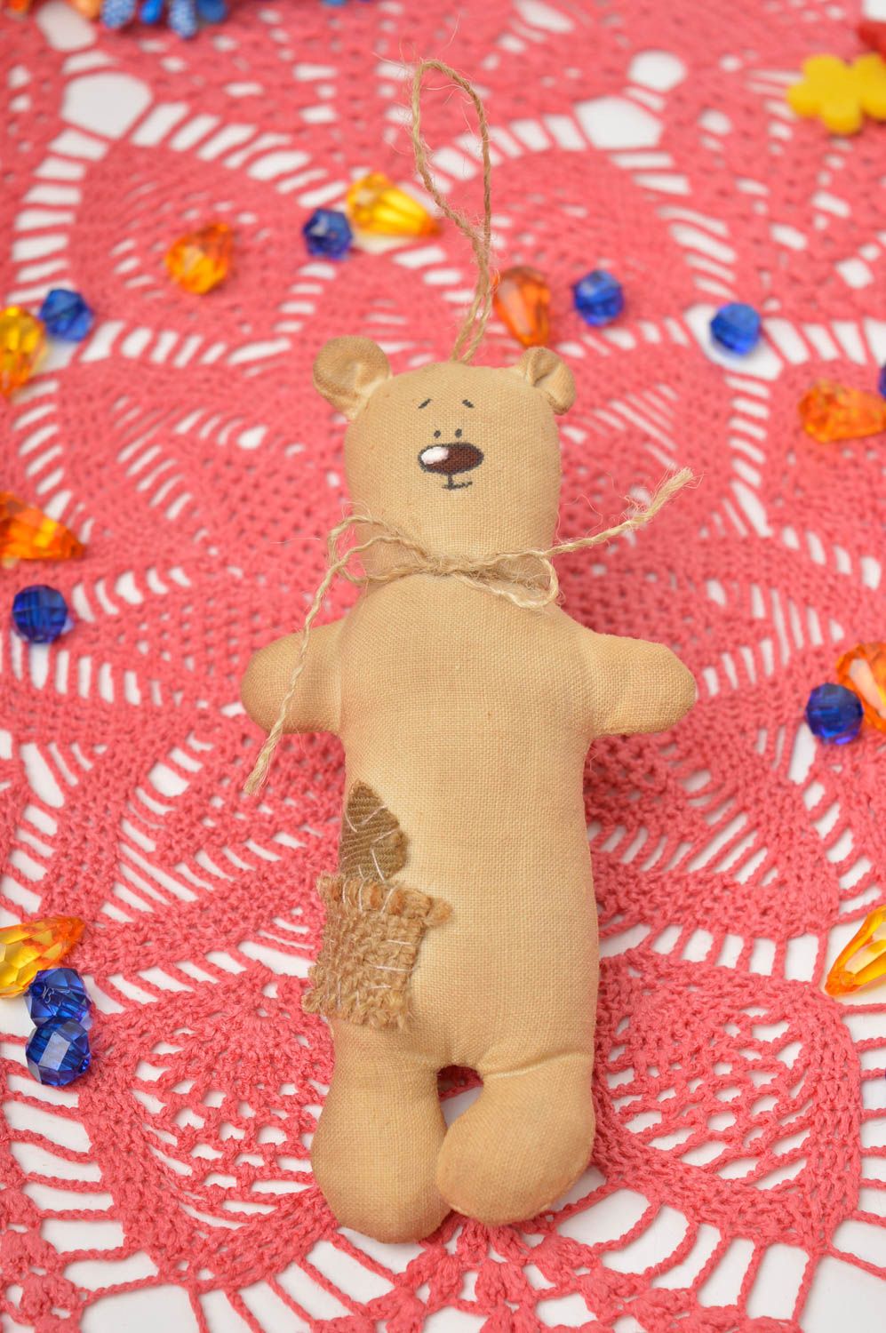 Jouet ours Peluche fait main en tissu marron petit Décoration à suspendre photo 1