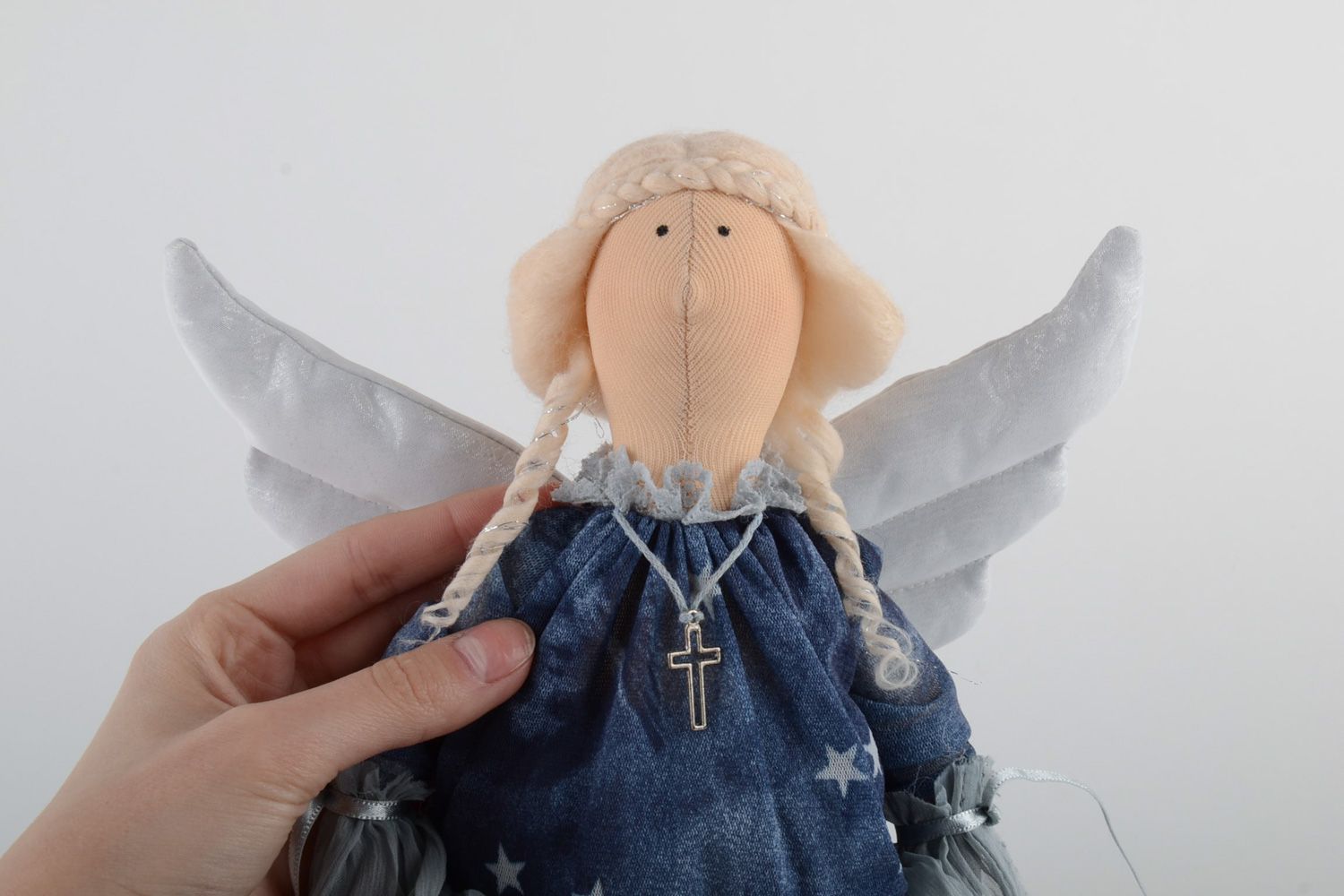 Handmade interior soft doll Angel sewn of fabrics with metal frame and woolen hair photo 5