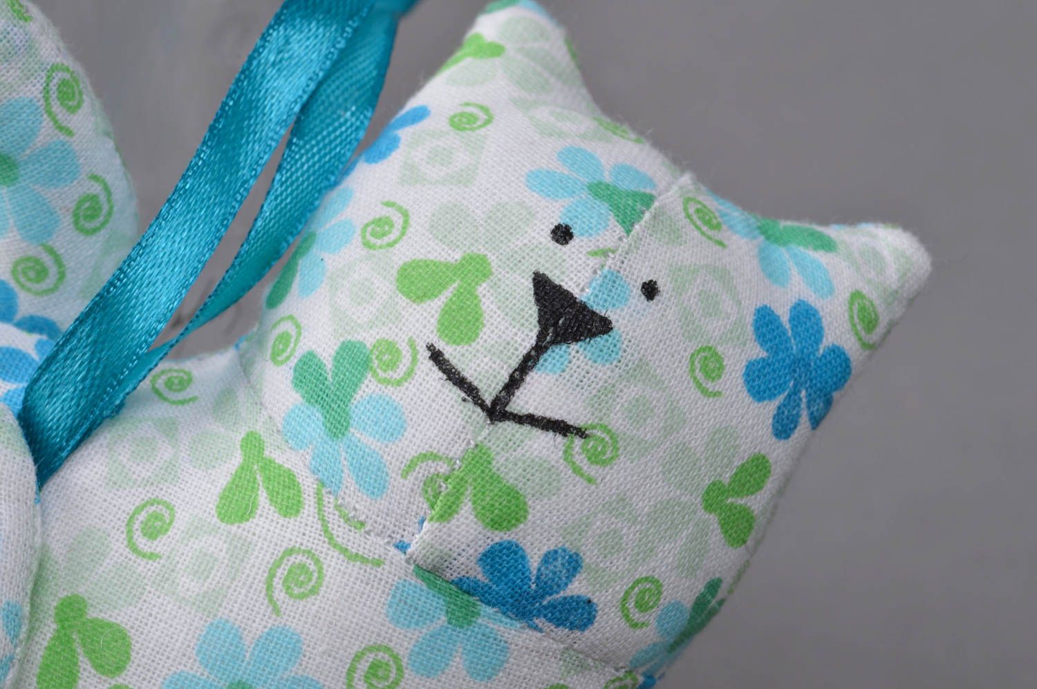 Handmade wall hanging soft toy sewn of blue and green patterned cotton fabric Cat photo 2