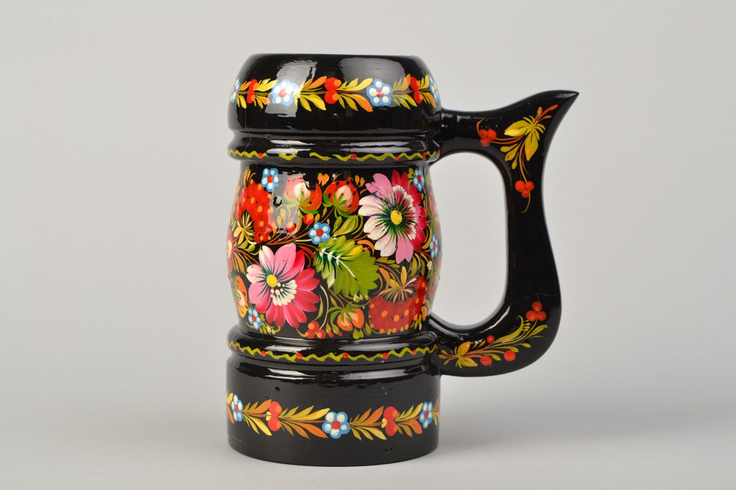Handmade black wooden beer mug with glass inside and Petrikov painting photo 3