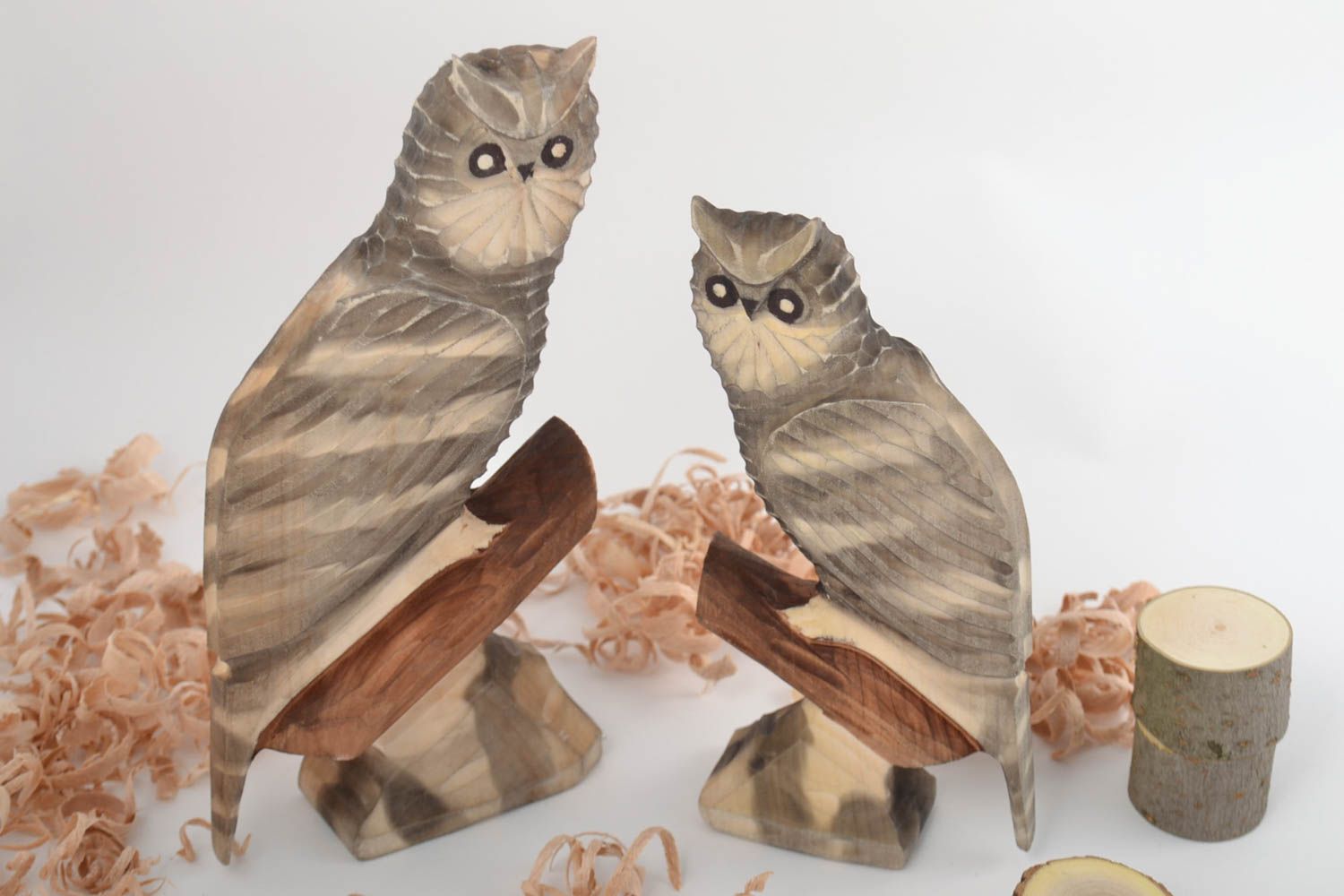 Set of 2 handmade carved wooden figurines of owls eco decorations for home photo 1