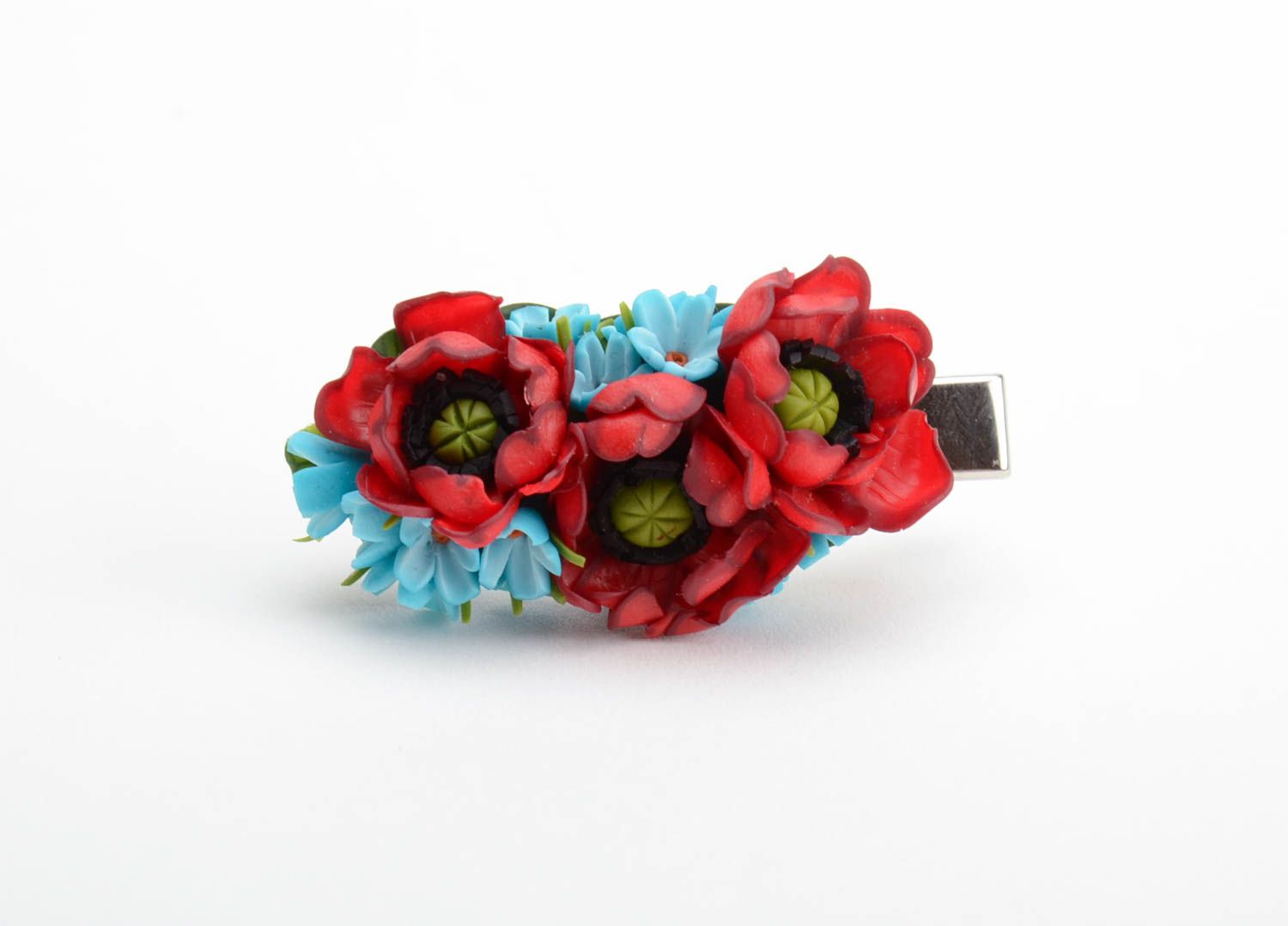 Handmade decorative hair clip with red and blue polymer clay flower composition photo 4